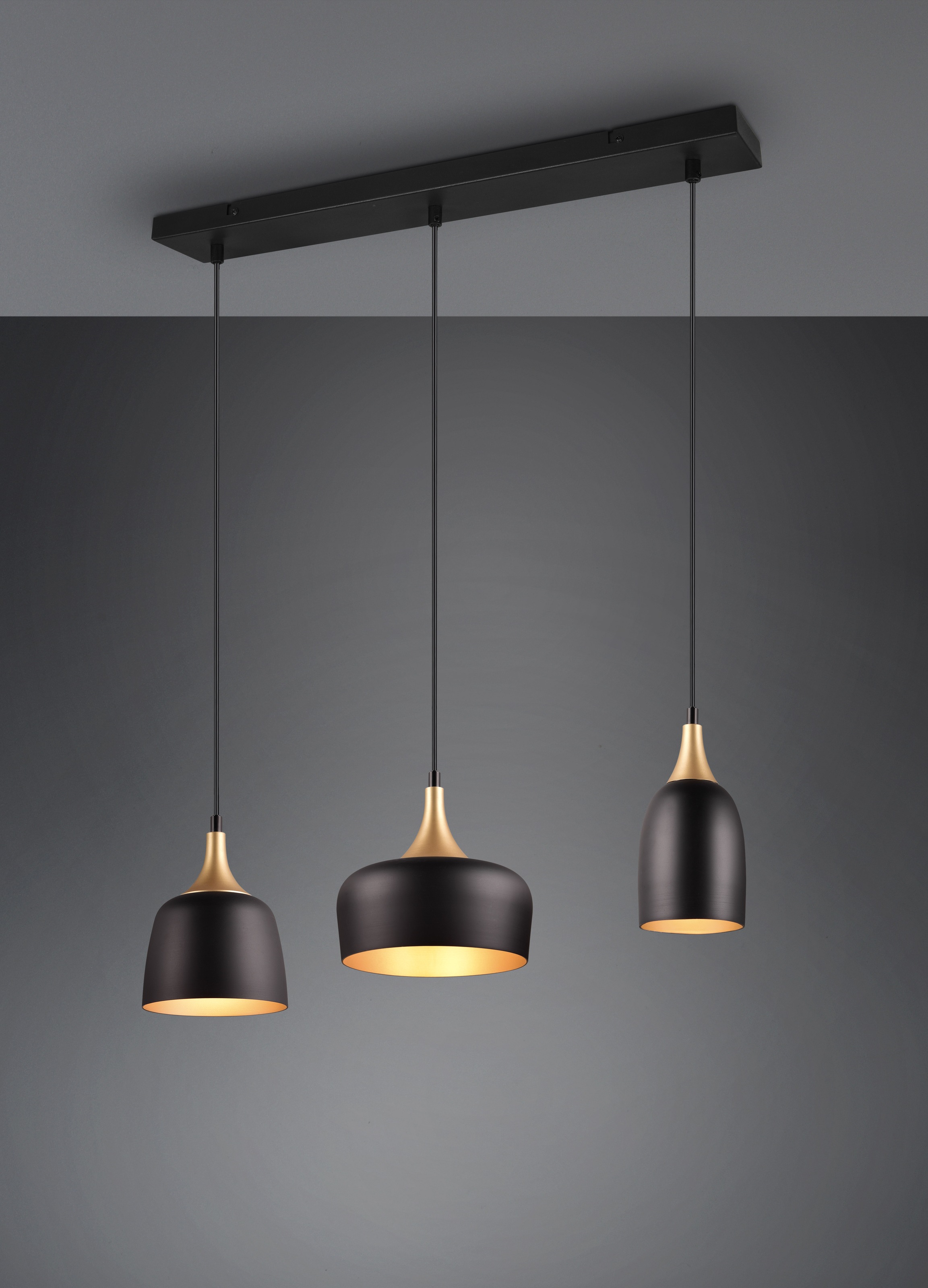 TRIO Leuchten Pendelleuchte »CHIRAZ, Hängeleuchte 3-flammig schwarz messing gold max 150cm Höhe« E14 1 Stk. warmweiß - kaltweiß Hängelampe exkl 3x E14 max 25W, Industrie Loft Stil 3 Schirmformen