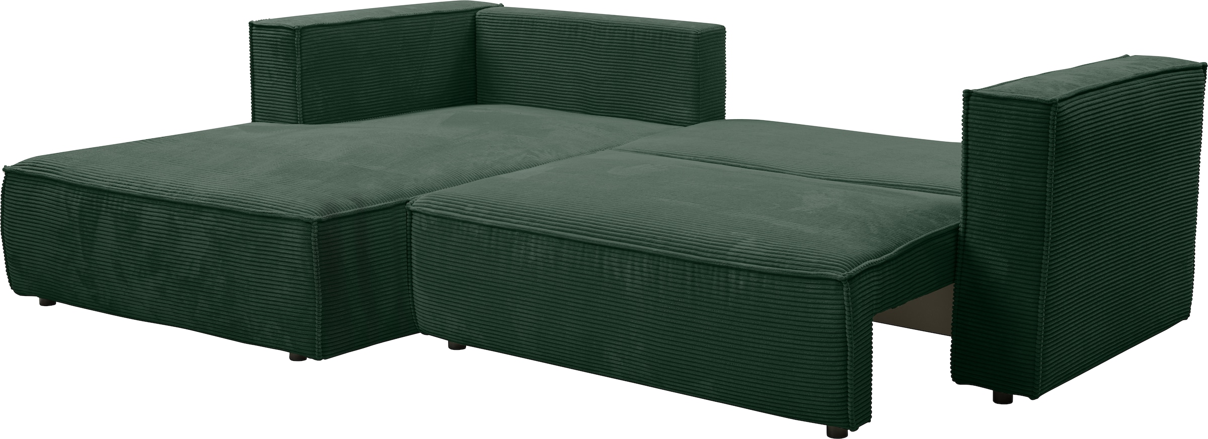 WERK2 Ecksofa »Atlanta-New, modernes Design, Stellmaße 280x147cm, L-Form, Kedernaht«, hoher Komfort, Schlaffunktion & Bettkasten, Cord, Moosgrün