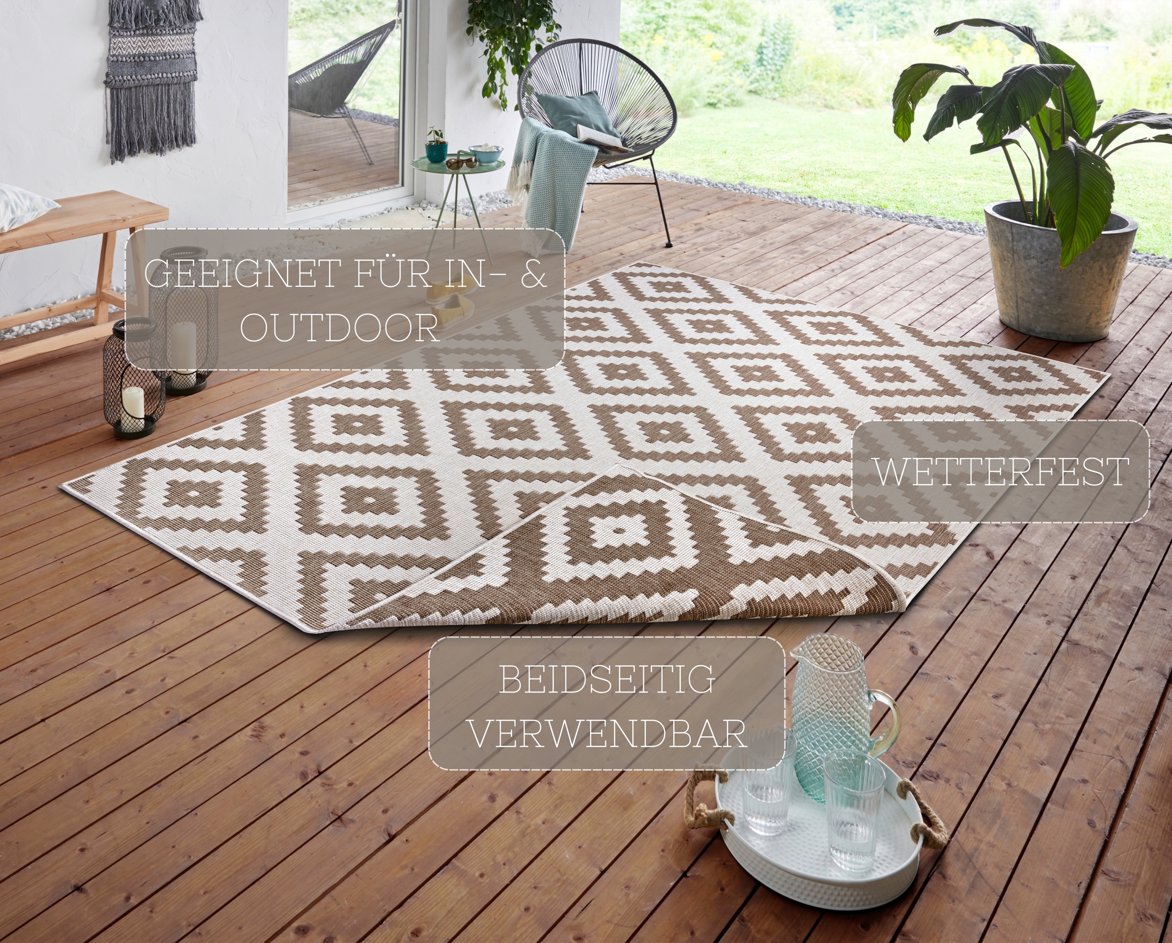 NORTHRUGS Teppich »Malta Wendeteppich«, rechteckig, 5 mm Höhe, In-& Outdoor, Wetterfest, Balkon, Terrasse, Raute, Läufer, Wohnzimmer