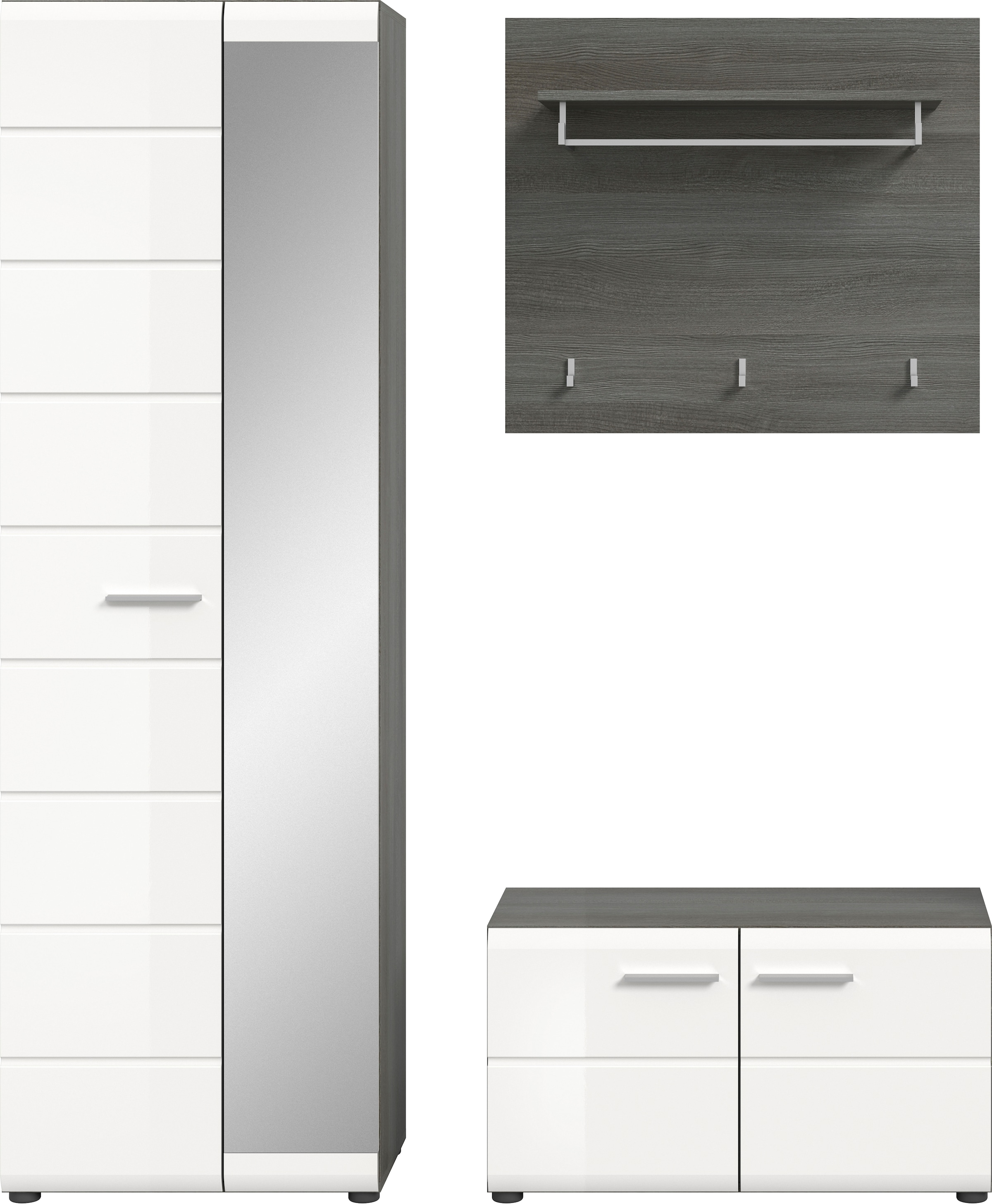 INOSIGN Garderoben-Set »Rumba, 3-teilig, Breite 155 cm, Hochglanz Front, bestehend aus:«, (3 St.), Garderobenschrank, Sitzbank, Garderobenpaneel