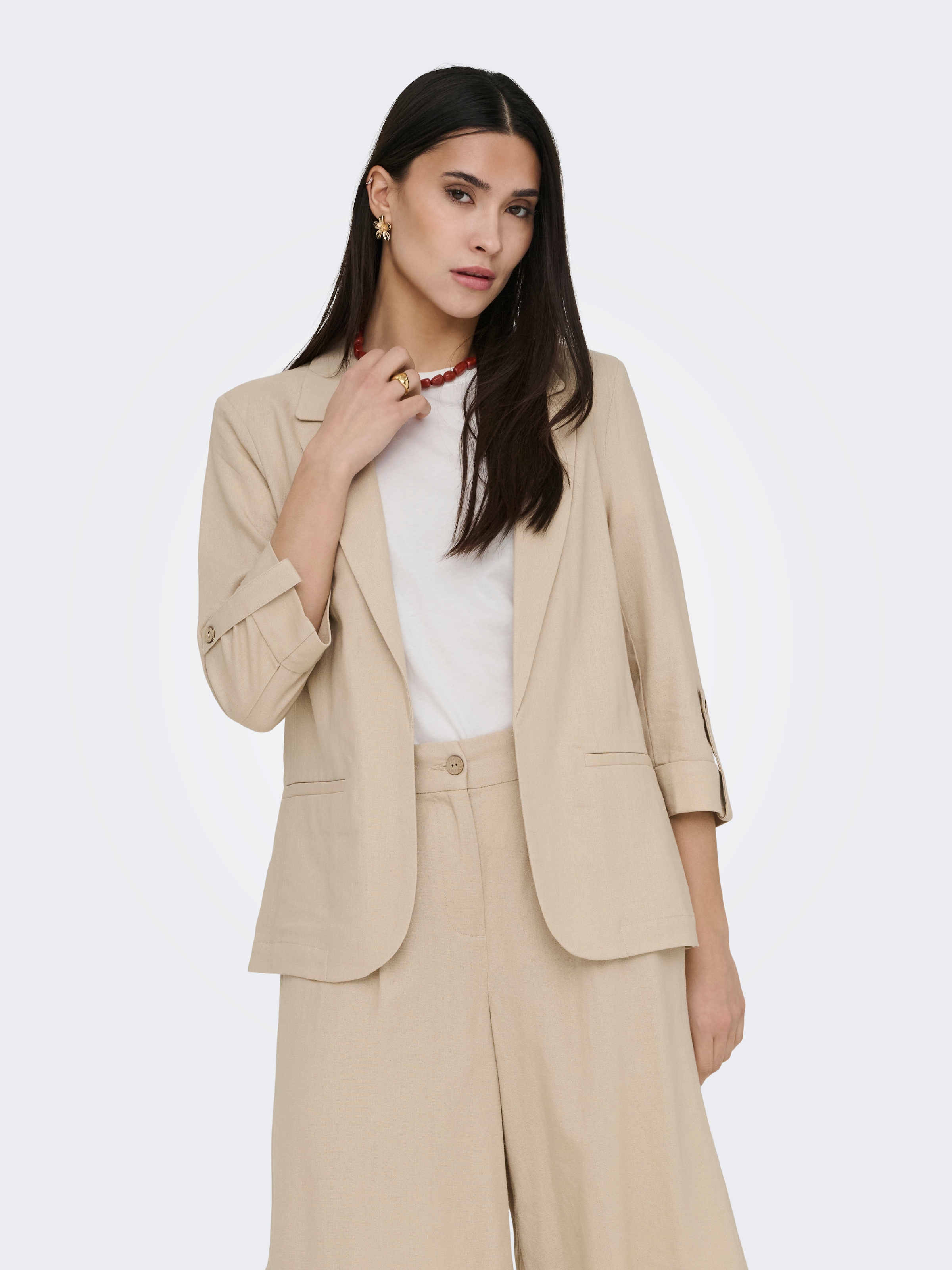 Kurzblazer ONLY "ONLGOA 3/4 UNLINE LINEN BL BLAZER CC TLR", Damen, Gr. 38, oxford tan, Web, Obermaterial: 70% Viskose, 30% Leinen, unifarben, loose fit normal, V-Ausschnitt, Blazer Kurzblazer, mit Leinen