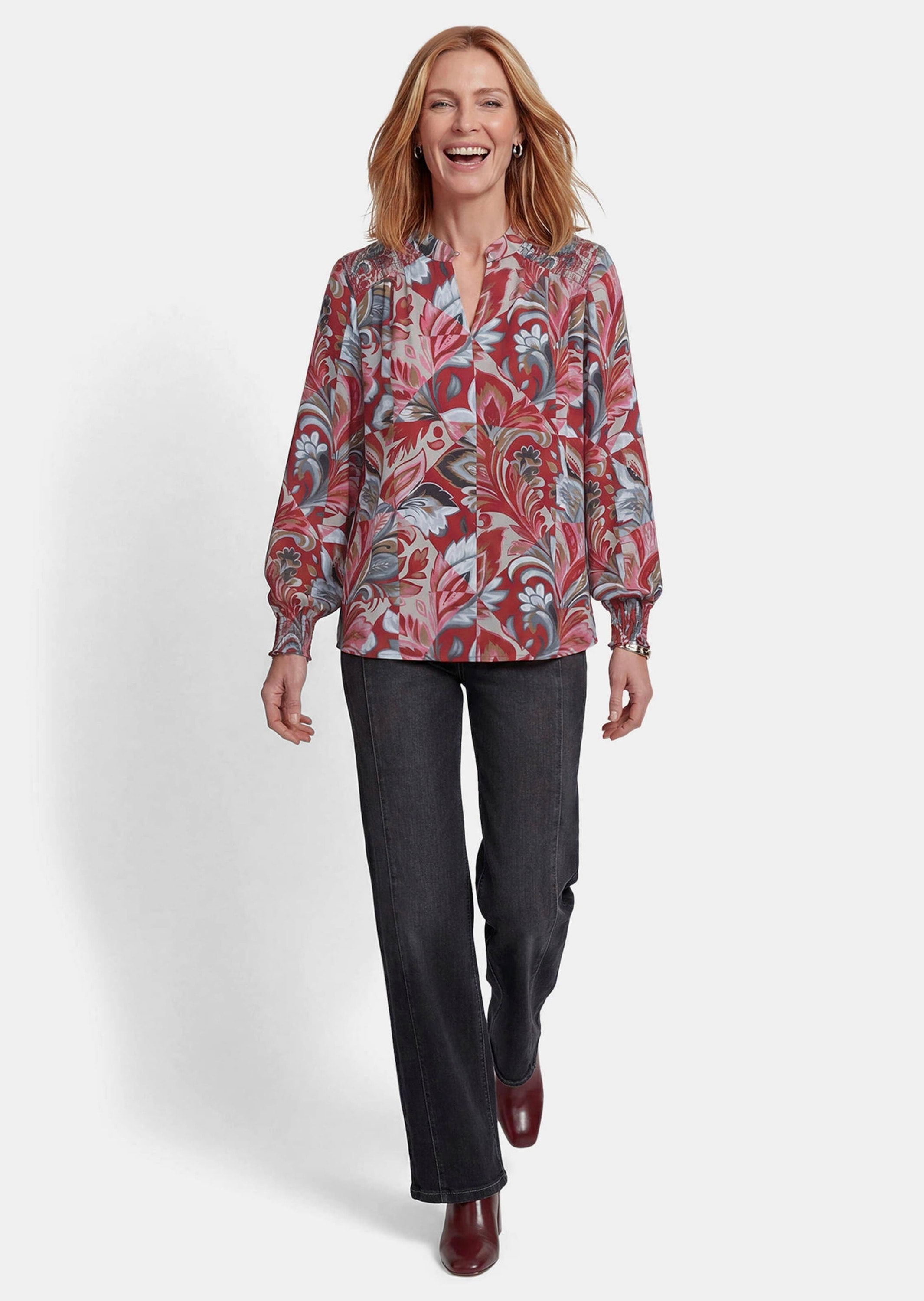 GOLDNER Schlupfbluse »Satin-Schlupfbluse mit Blumendruck« gesmokte Schulterpartie