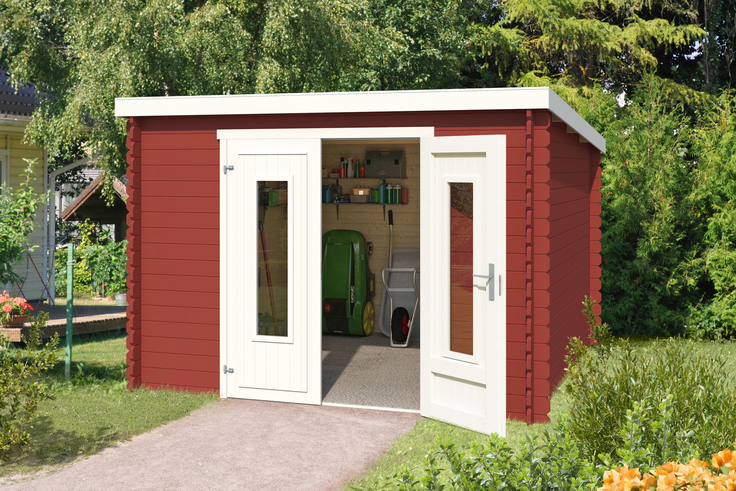 LASITA MAJA Gartenhaus »Sacramento«, Blochbohlenhaus 28mm, Fundamentmass 2920x2920, Schwedenrot