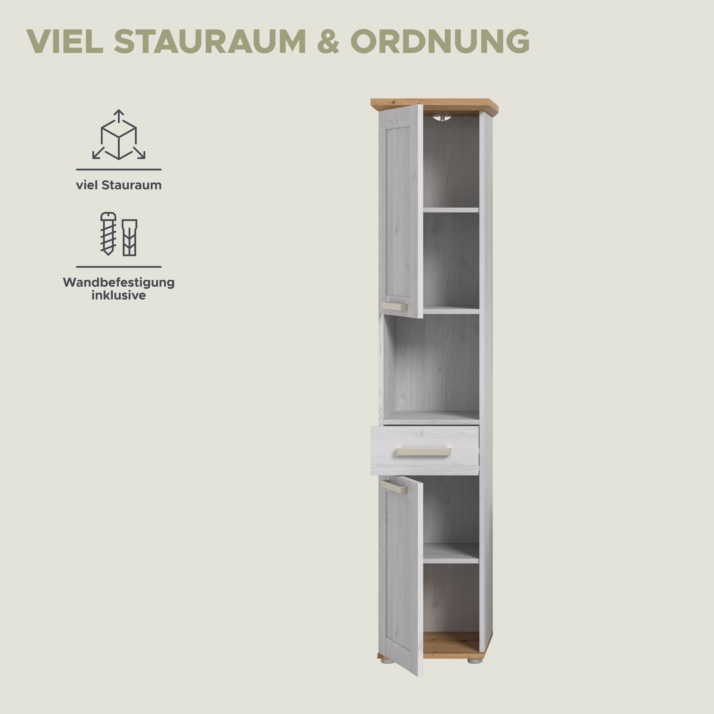 welltime Hochschrank »COSENZA, Höhe 187cm, 2 Türen, 1 Schubkasten, 1 offenes Fach« in Landhausoptik, mit weiteren Artikel der Serie kombinierbar, 1 Stk. tlg. Hochschrank, Bad, Badezimmerschrank