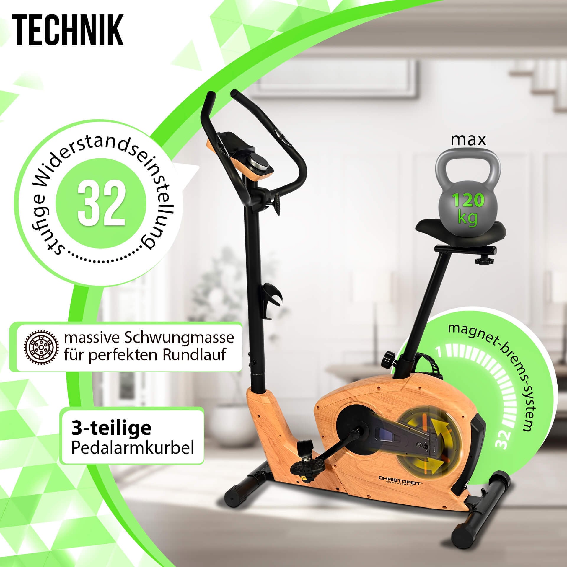 Christopeit Sport® Ergometer »ET 3.2«, (Elegante Holzoptik, Kinomap kompatibel), Schwungmasse ca. 7 kg, 32 Widerstandsstufen