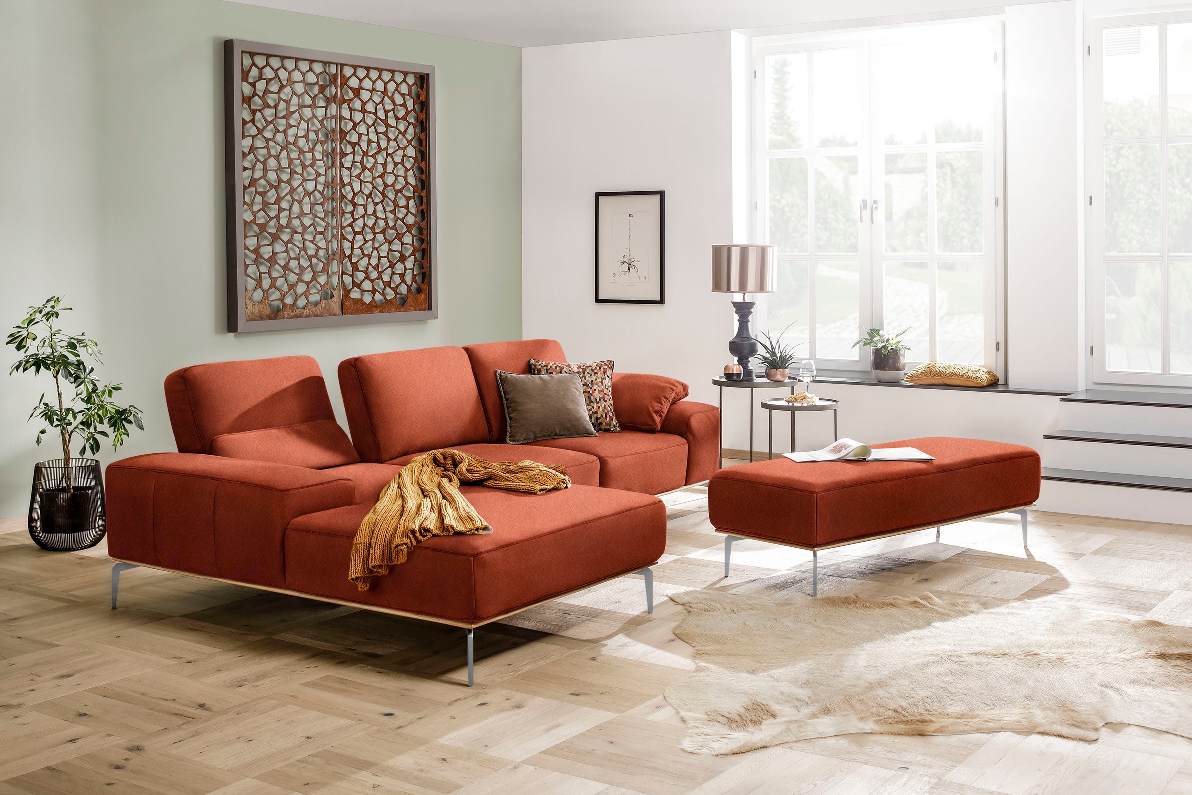 W.SCHILLIG Polsterhocker »run«, mit elegantem Holzsockel, Füße in Chrom glänzend, Breite 150 cm