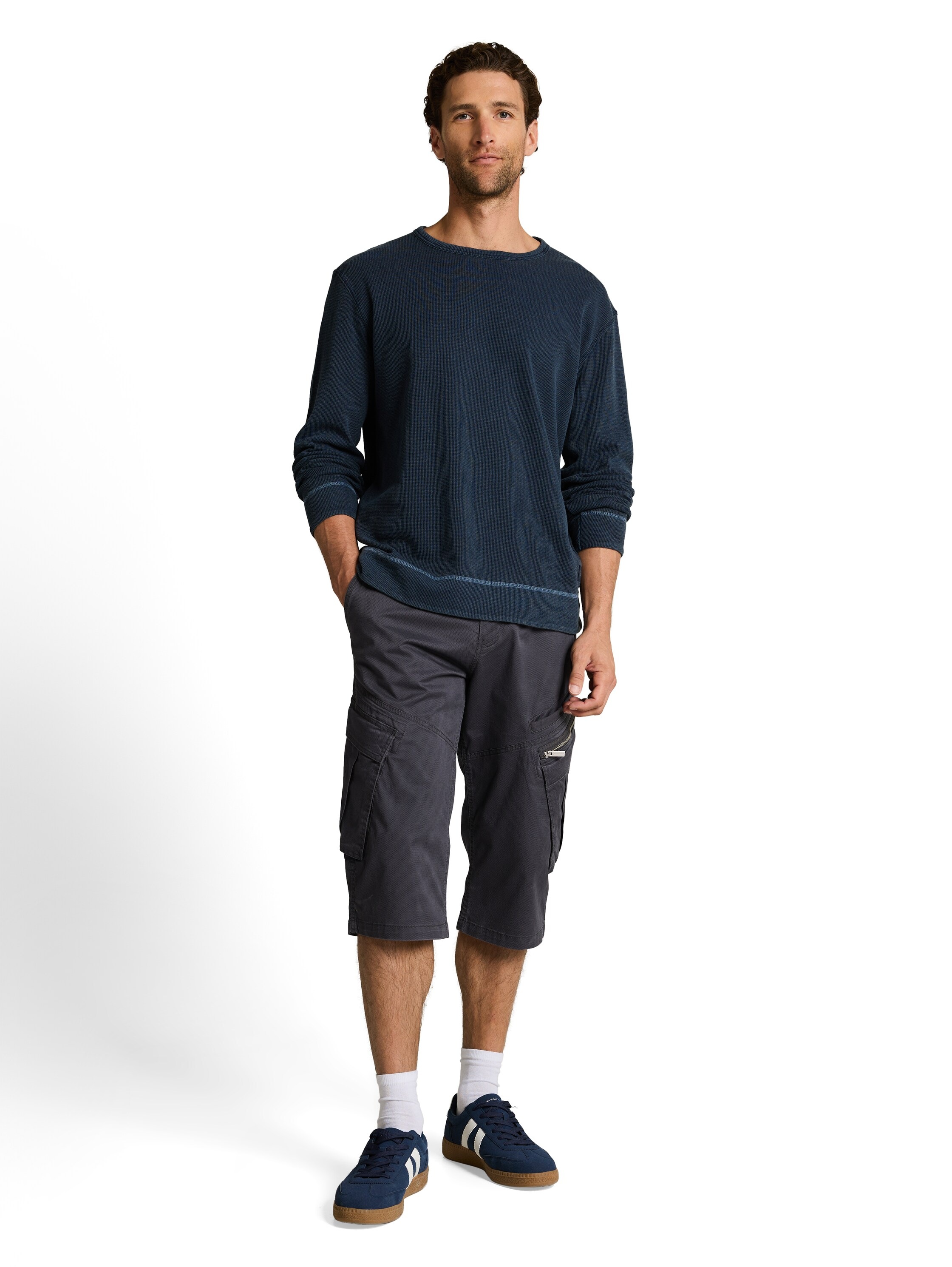 Cargoshorts TOM TAILOR, Herren, Gr. 40, N-Gr, grau mini weave print, Web, Obermaterial: 98% Baumwolle, 2% Elasthan, unifarben, regular fit knielang, Hosen, mit Taschen 3