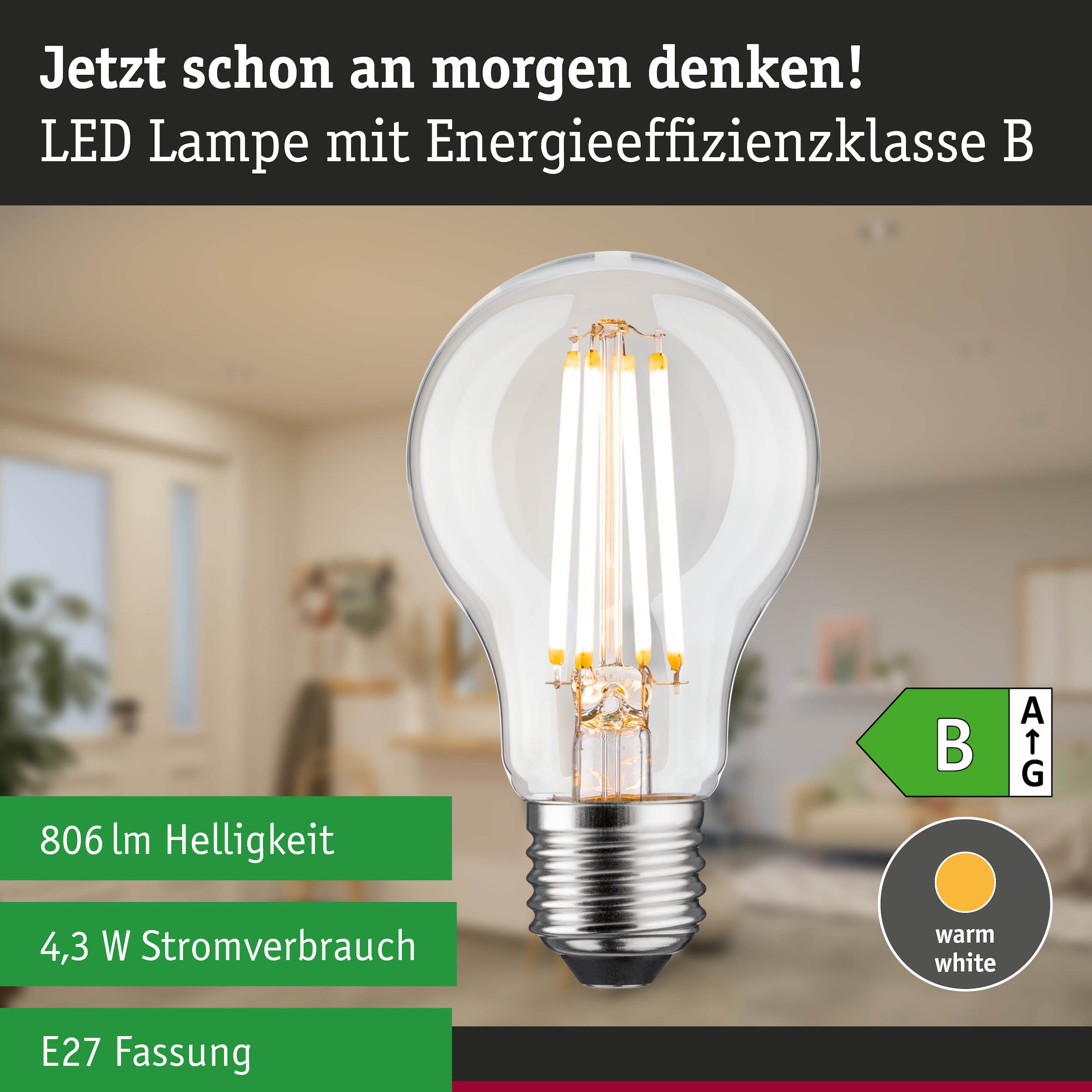 Paulmann LED-Leuchtmittel »Efficient-Line Filament 230V LED Birne E27 806lm 4,3W 3000K dimmb.Klar« E27 1 Stk. Warmweiß