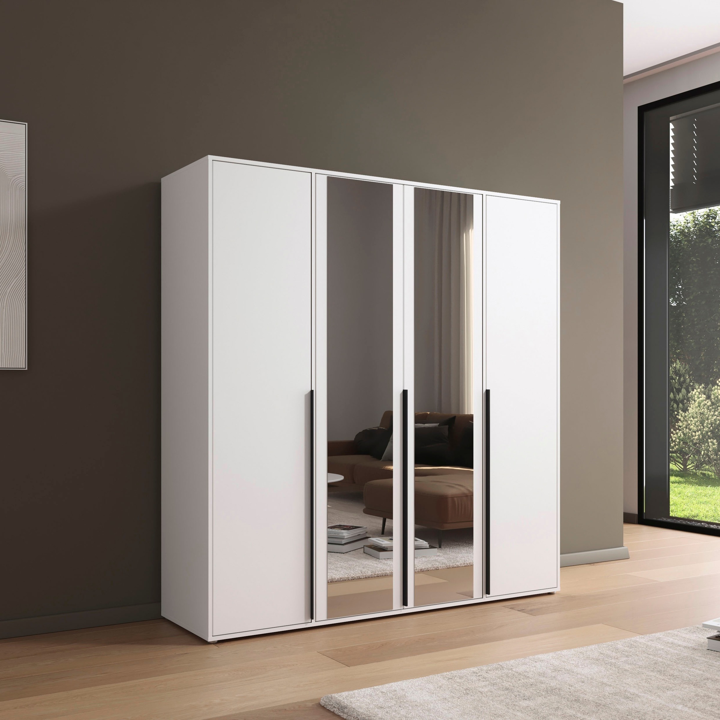 rauch Drehtürenschrank »Kleiderschrank Schrank Garderobe Wäscheschrank NAGATA mit Spiegel«, (in 3 verschiedenen Ausstattungen BASIC/CLASSIC/PREMIUM), und modernen Stangengriffen in Graumetallic TOPSELLER MADE IN GERMANY