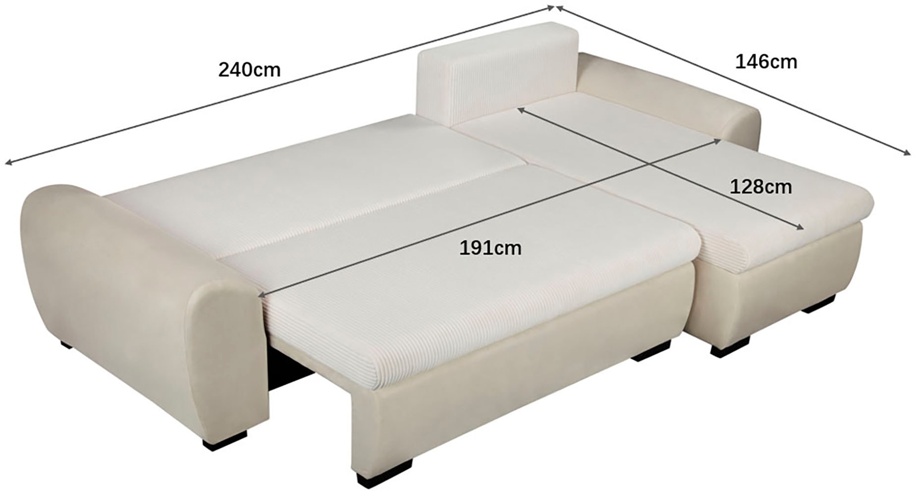 OTTO home Ecksofa »KIVELLA Cord-Struktur, L-Form, 240 cm« Schlaffunktion(128/191), Bettkasten, Cord-Struktur-Mix