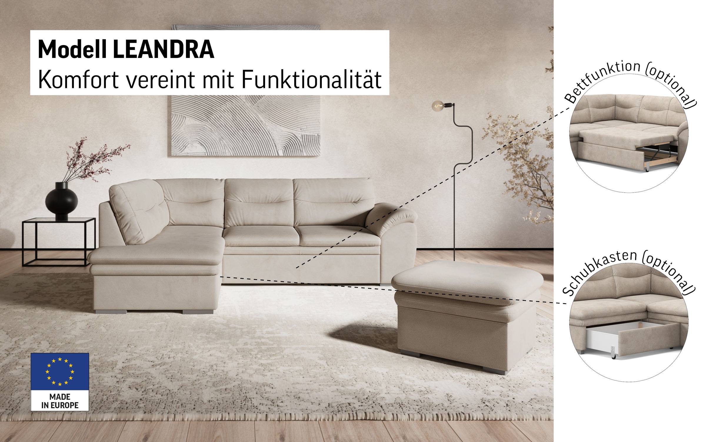 COTTA Ecksofa "Leandra L-Form", wahlweise mit Bettfunktion & Bettkasten günstig online kaufen