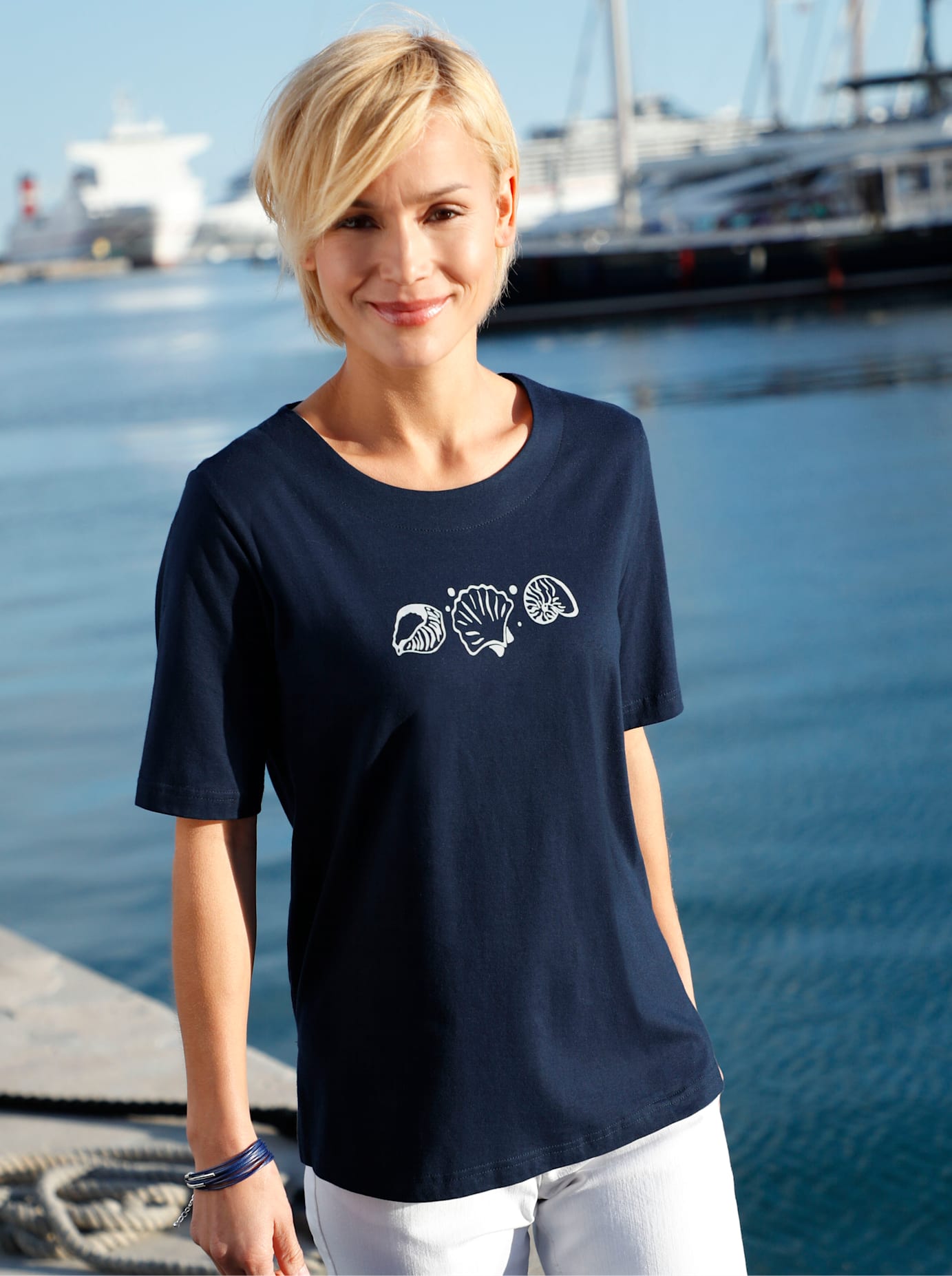 Kurzarmshirt CASUAL LOOKS "Shirt", Damen, Gr. 48, blau (marine), 100% Baumwolle, bedruckt, gemustert, unifarben, Rundhals, Shirts