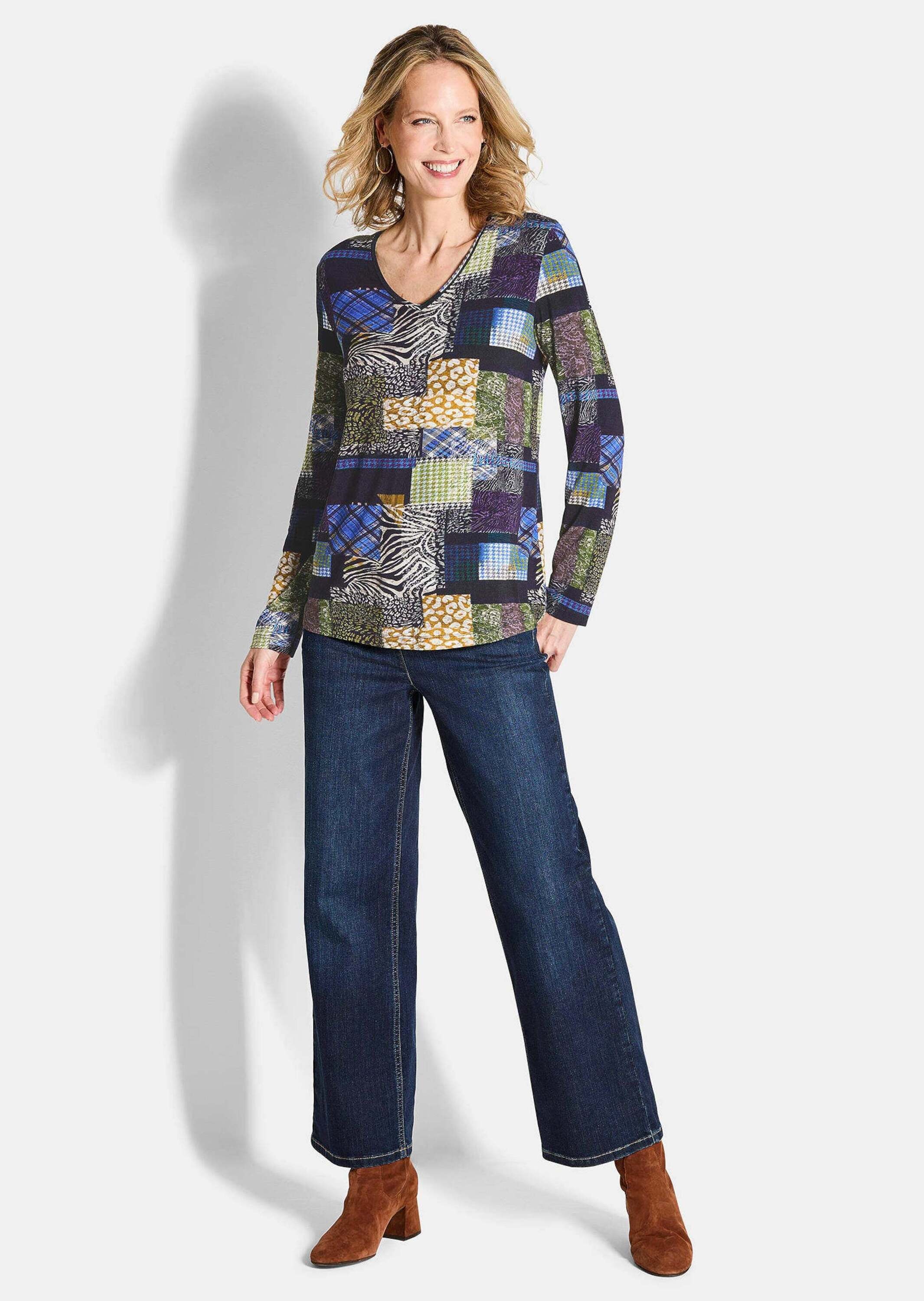 GOLDNER Langarmshirt »Kurzgröße Jersey-Shirt im Patch-Print«