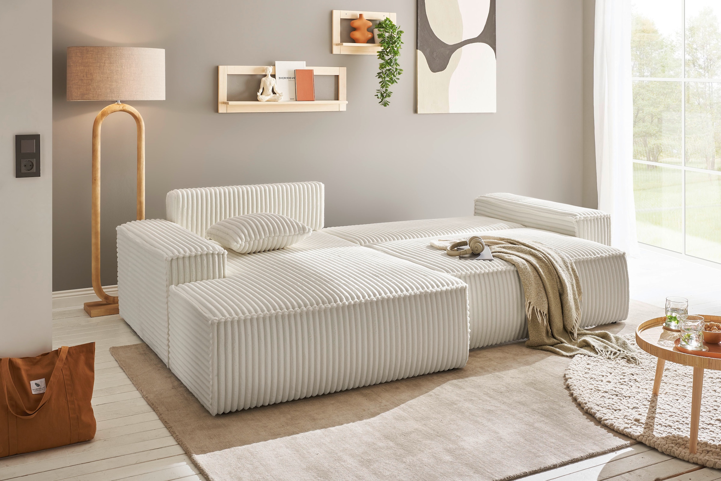 andas Ecksofa »Finnley Schlafsofa 267 cm in Bouclé, Struktur fein u. Cord, L-Form,«, Schlaffunktion m. Bettkasten (136/210 cm), Bouclé, Struktur und Cord