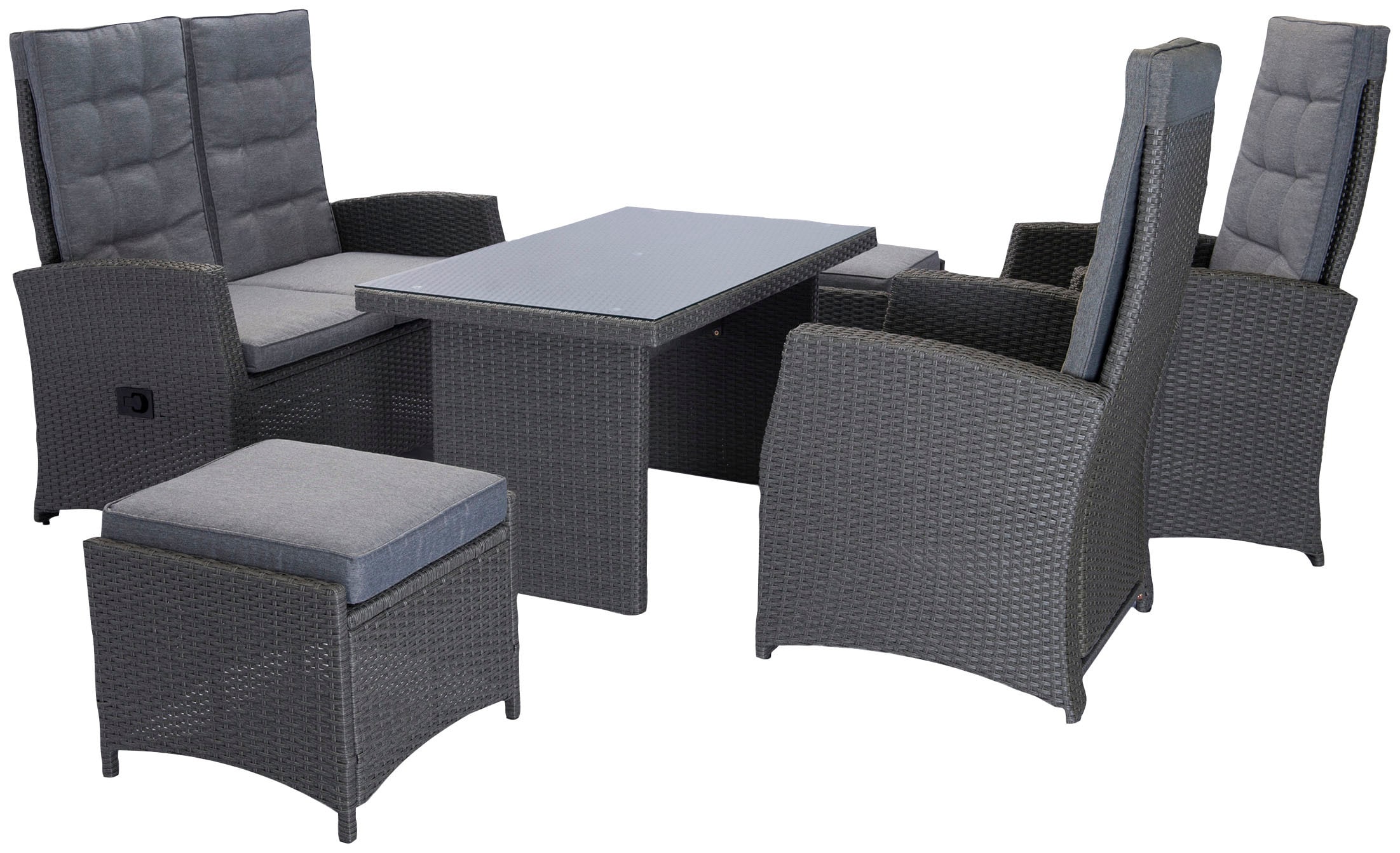 KONIFERA Gartenlounge-Set »Paris«, (Set, 12 tlg., 2x Sessel, 2x Hocker, 2er Sofa, 1xTisch 120x70x66cm,inkl. Schutzhülle), verstellbare Rückenlehne, Polyrattan, Aluminium