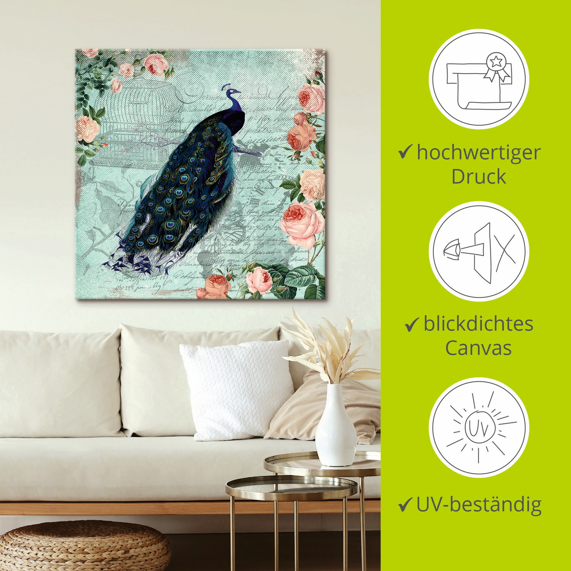 Artland Leinwandbild »Vintage Rosen und Pfau Illustration«, Vögel, (1 St.), auf Keilrahmen gespannt