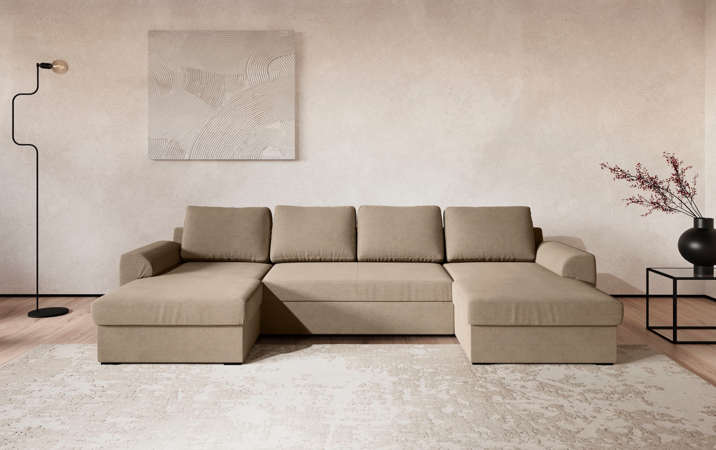COTTA Wohnlandschaft "Drift U-Form Recamiere, Breite 327 cm" optional auch mit Schlaffunktion, Wellenunterfederung