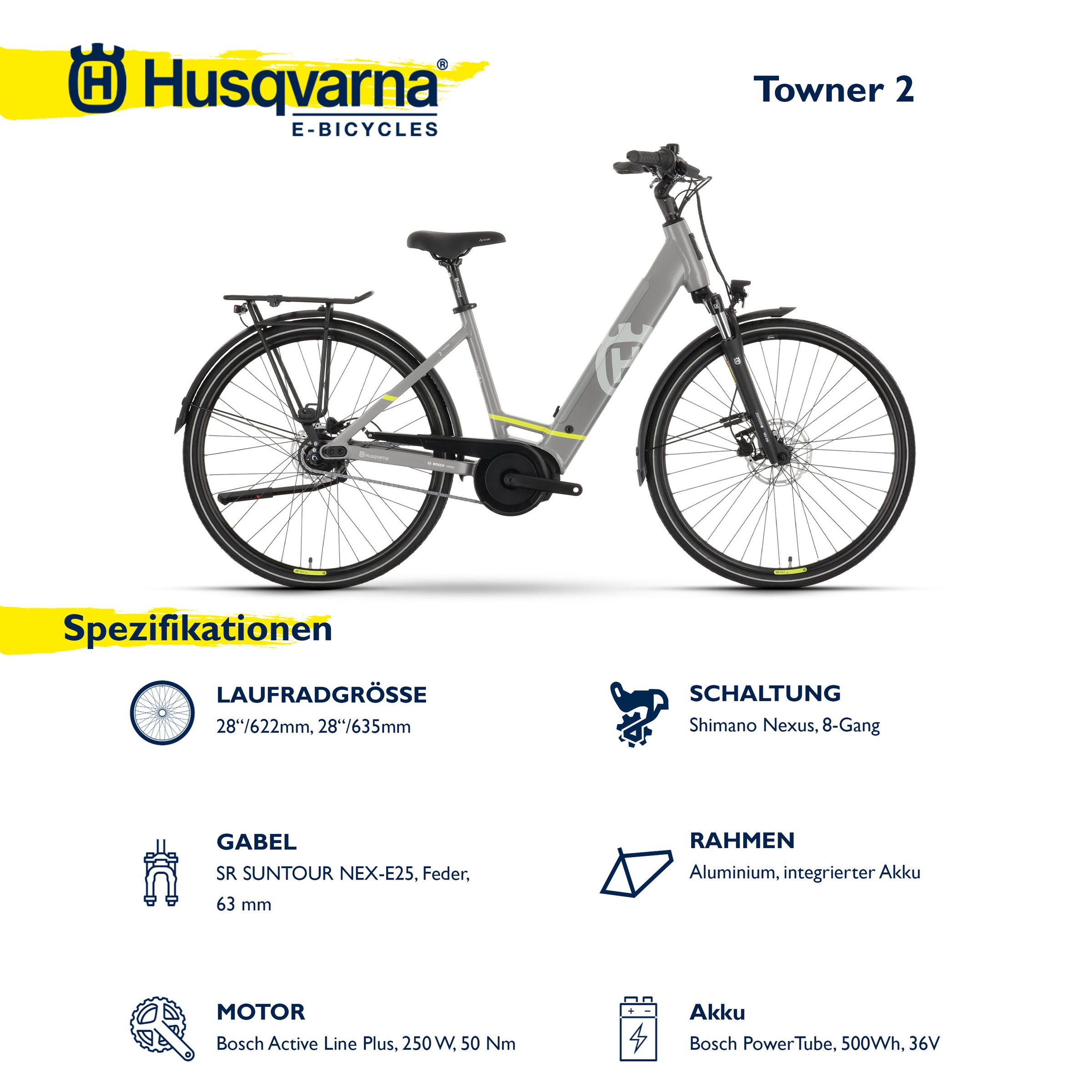 Husqvarna E-BICYCLES E-Bike »E-Citybike Towner 2«, 8 Gang, Shimano, Nexus, Mittelmotor 250 W, (28 Zoll, Bosch Motor, Rücktritt, Scheibenbremsen, mit Straßenzulassung), Pedelec, Elektrofahrrad für Herren u. Damen, Cityrad, tiefer Einstieg