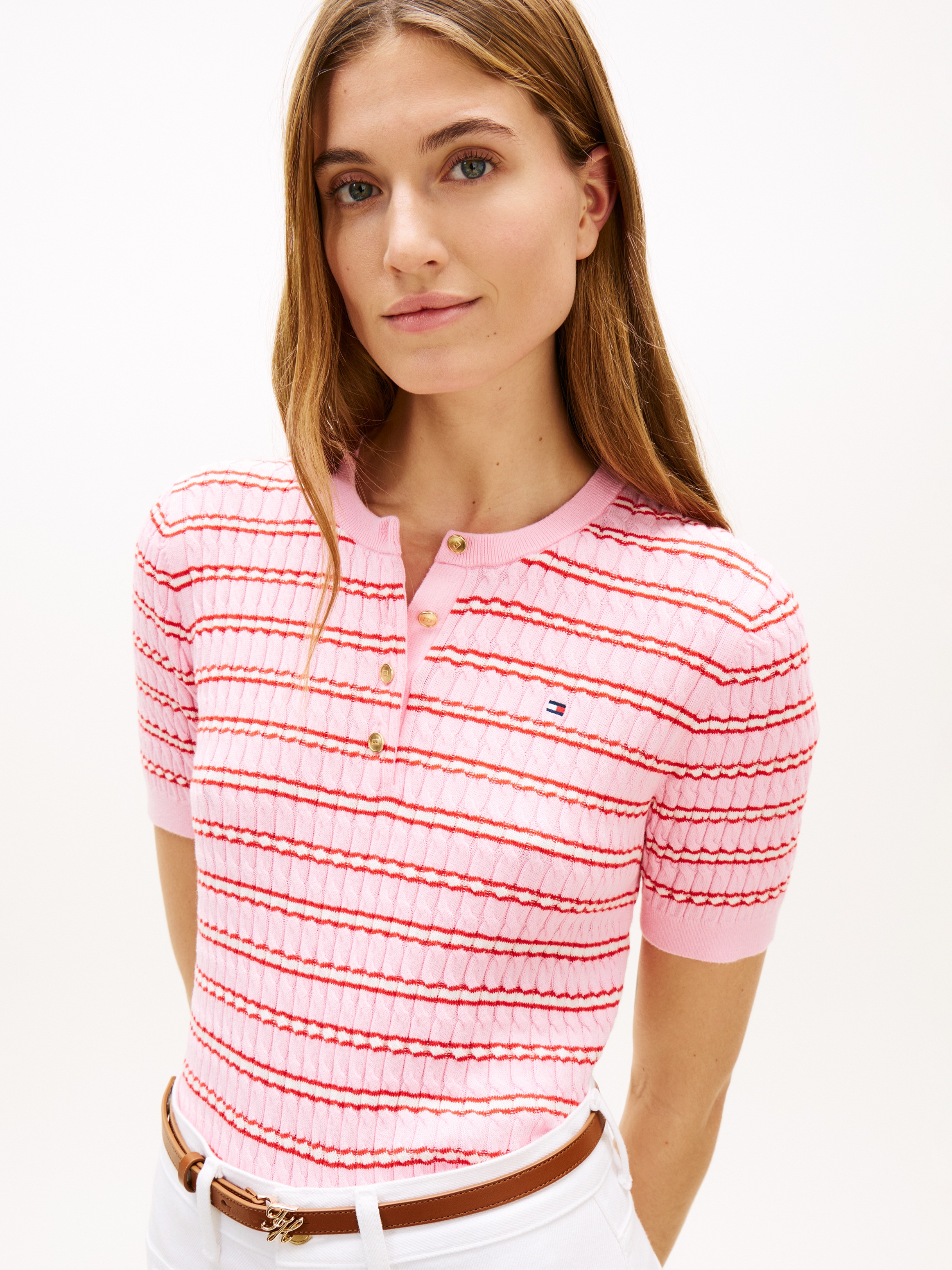 Tommy Hilfiger Strickpullover "CO CABLE FINE GG SS HENLEY" mit Zopfmuster günstig online kaufen