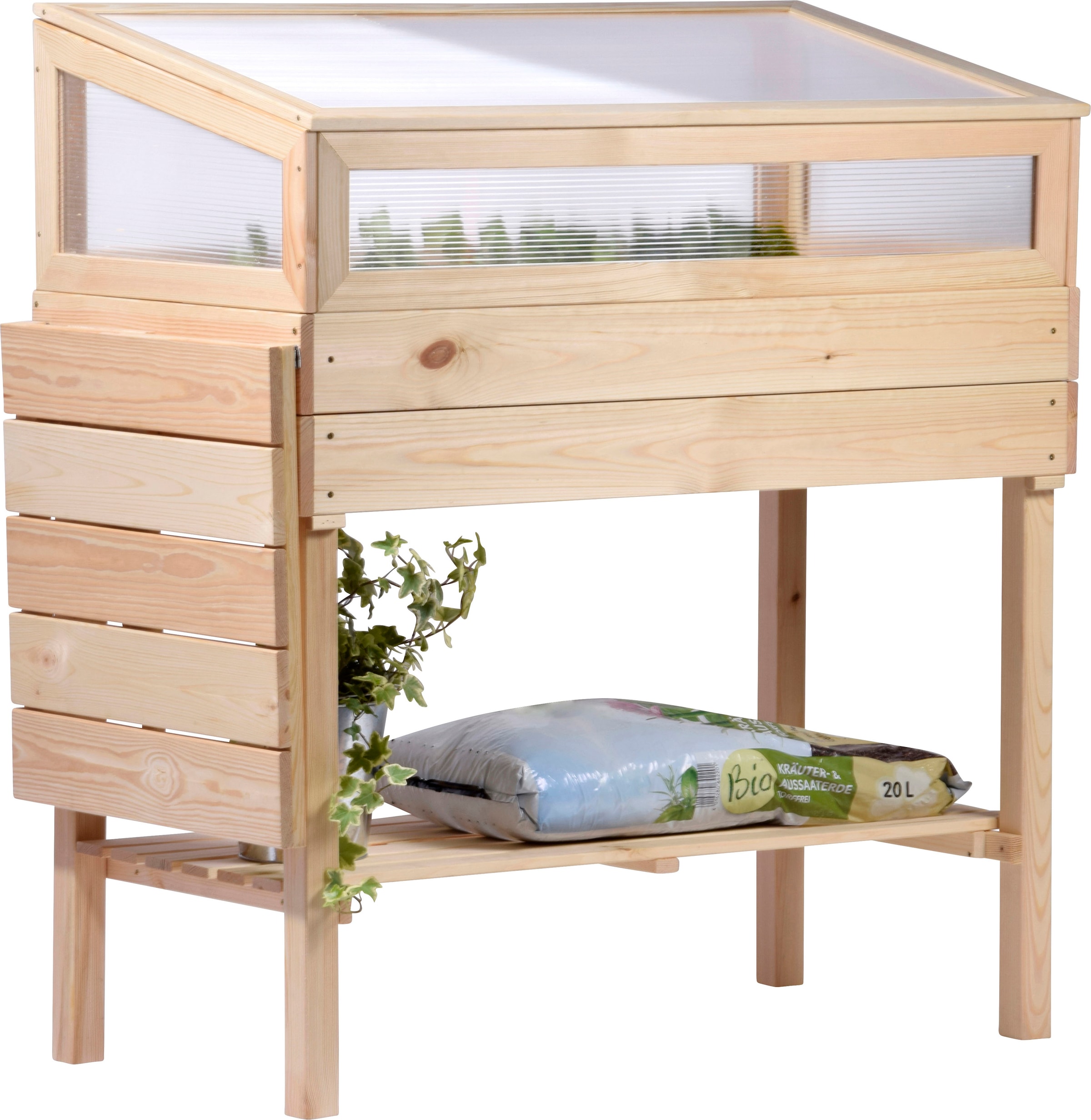 dobar Hochbeet erhöhtes Frühbeet mit Tisch & Haken, Gr. L, transparent, Kiefer