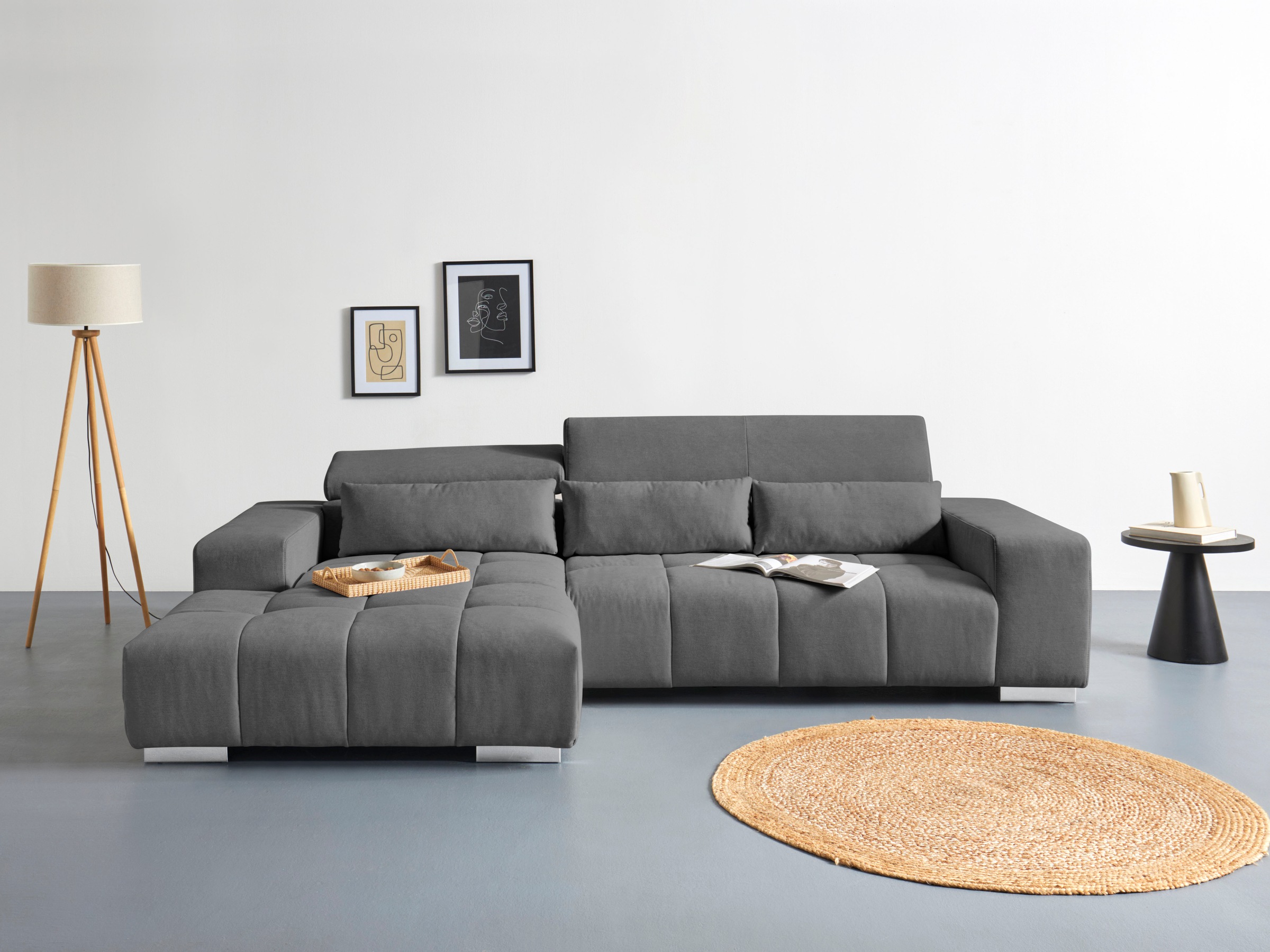 COTTA Ecksofa "Orion L-Form, B: 307 cm, moderne Steppung, bequeme Wellenunterfederung" 2x Kopfteilverstellung & 3 Nierenkissen