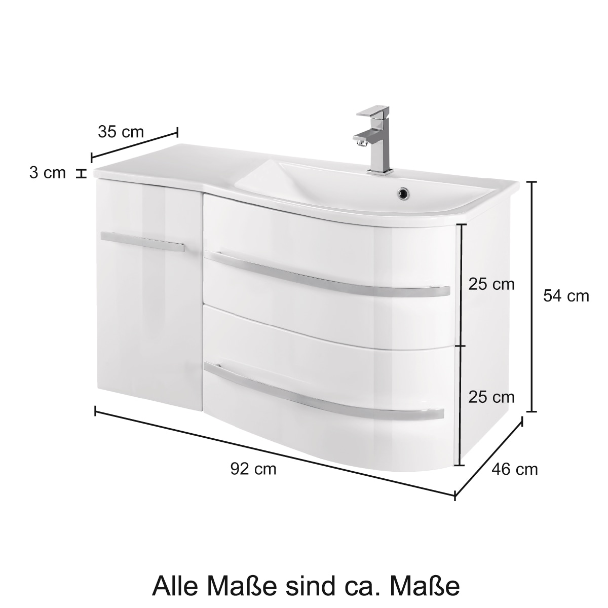 welltime Waschtisch »OSLO«, Breite 90 cm, Badmöbel mit geschwungener Front, Ablage links