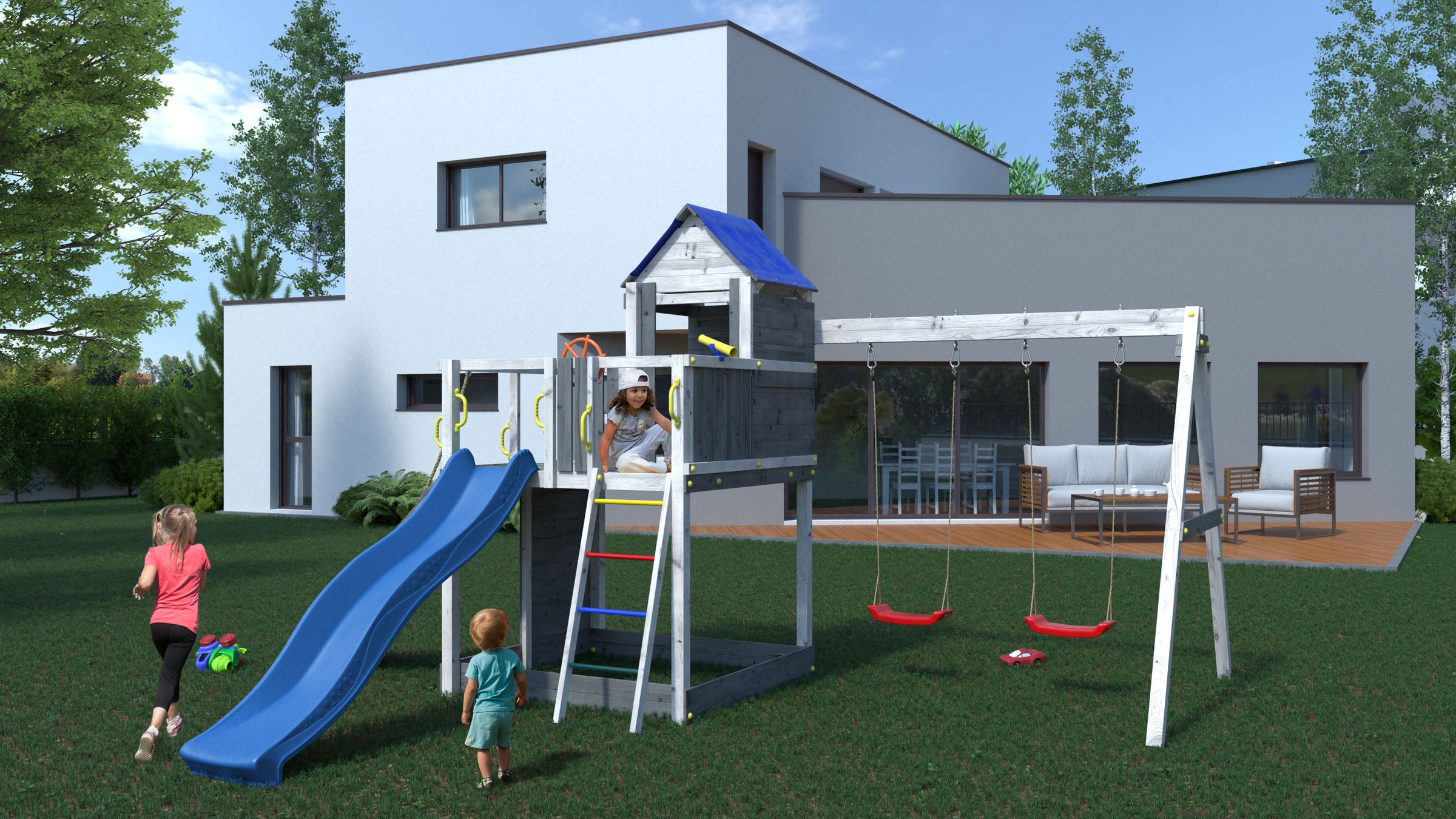 FUNGOO Spielturm »Treehouse« mit Spielhaus, Rutsche, Doppelschaukel, Kletterwand