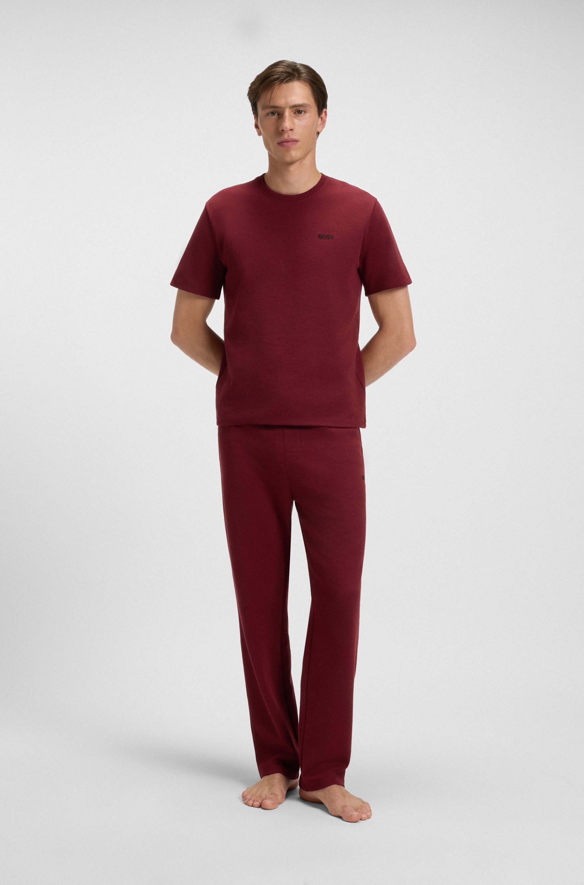 Pyjamaoberteil BOSS "Waffle T-Shirt", Damen, Gr. S, rot (dunkelrot 602), Obermaterial: 60% Baumwolle, 40% Polyester, regular fit, Rundhals, Shirts 3