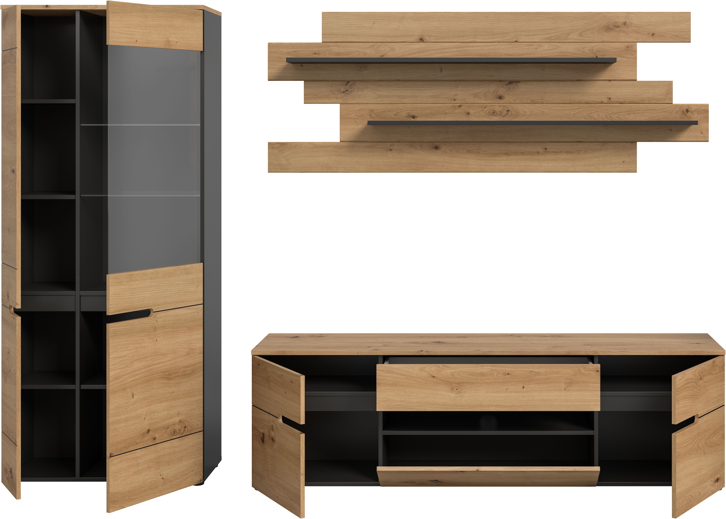 INOSIGN Wohnwand »REHAT, TOPSELLER!, 3-teilig, Breite 280 cm, individuell stellbar«, (3 St., Set bestehend aus: Vitrine, Lowboard und Wandboard), Kombination, Anbauwand, Set, Wohn-Set, Wohnzimmer-Set, Schrankwand