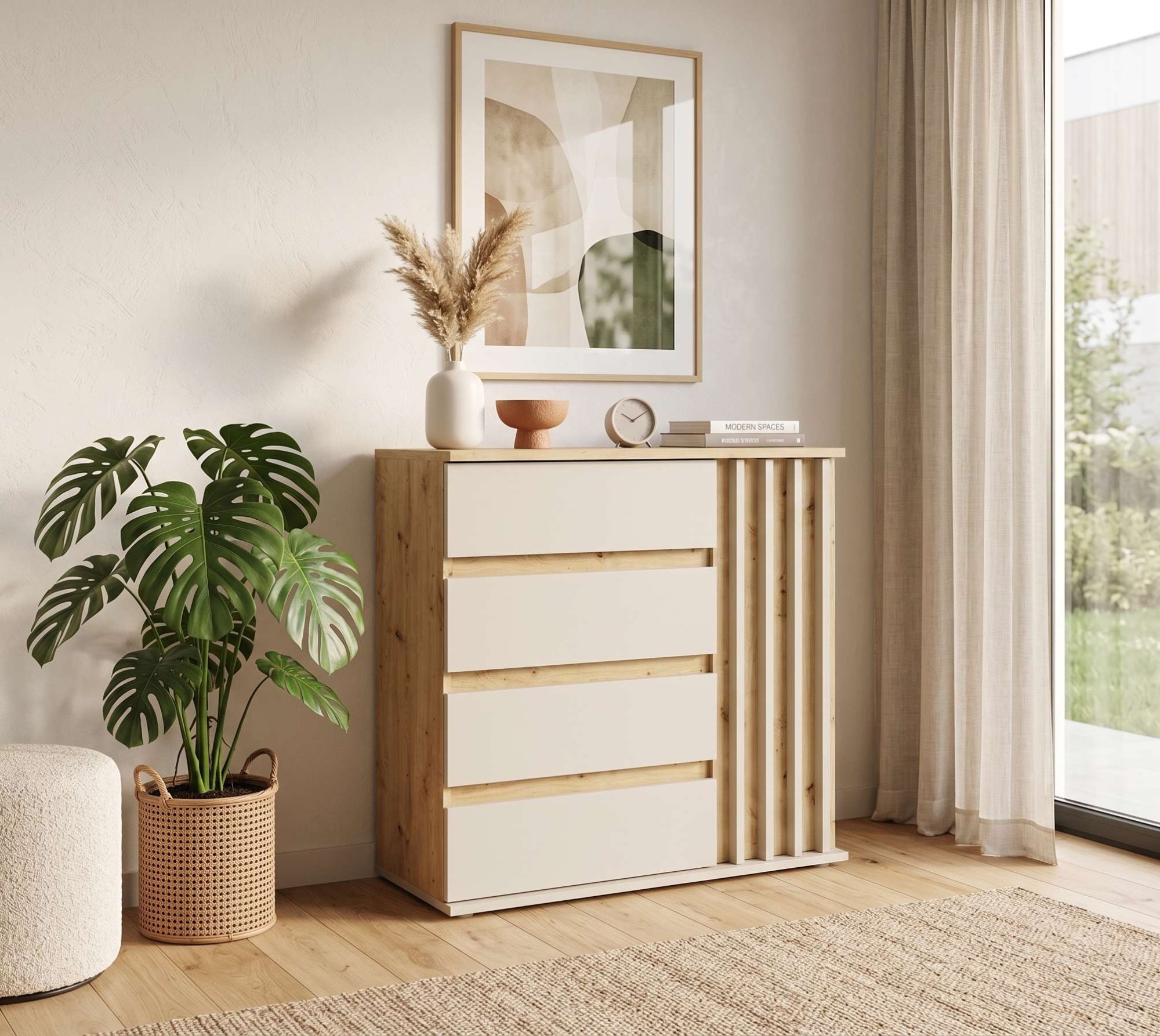 Home affaire Kommode "LANDUVA Sideboard mit viel Stauraum, Breite 80 cm" Schrank mit Schubladen und 1 Tür, Lamellen Design