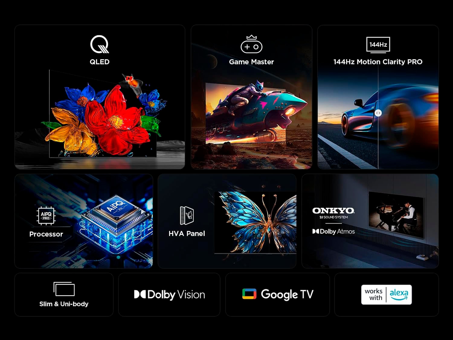 TCL QLED-Fernseher »85P81KX1«, 4K Ultra HD, Google TV-Smart-TV, 144Hz, Multi-HDR, Dolby Vision, Game Master, Smart TV, Apple TV, ONKYO