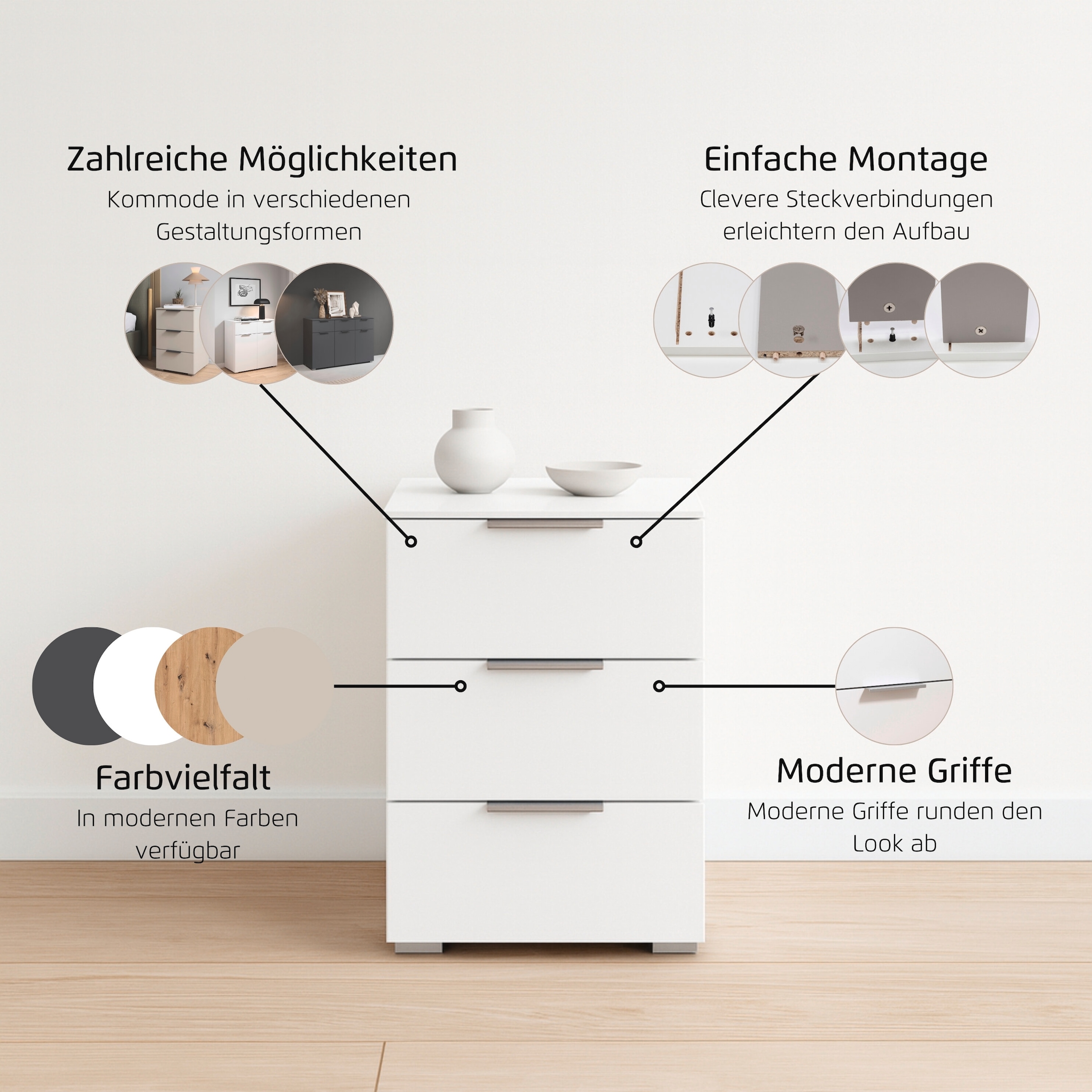 rauch Nachtkommode »Nachttisch Nachtkonsole CORTONA mit Dekor-Front« Breite 40 cm inkl. Soft-Close-Funktion,  mit 3 geräumigen Schubladen, Kantengriff aus Metall MADE IN GERMANY