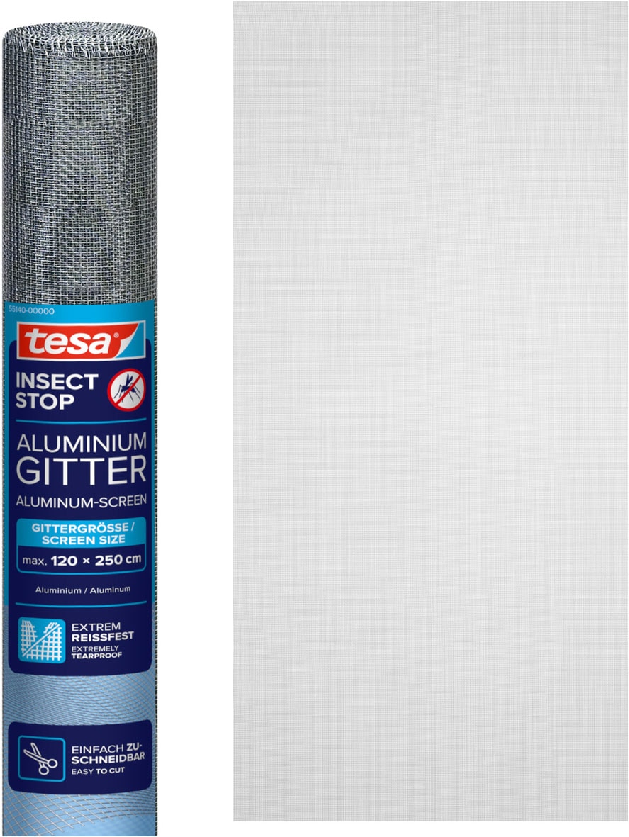 tesa Fliegengitter-Gewebe "Nachfüllrolle Aluminium - Alu-Gitter Ersatzrolle für Fliegengitter" Packung, Nachfüllrolle, 1 Stk. tlg. INSECT STOP Ersatz-Rolle 120 cm x 250 cm