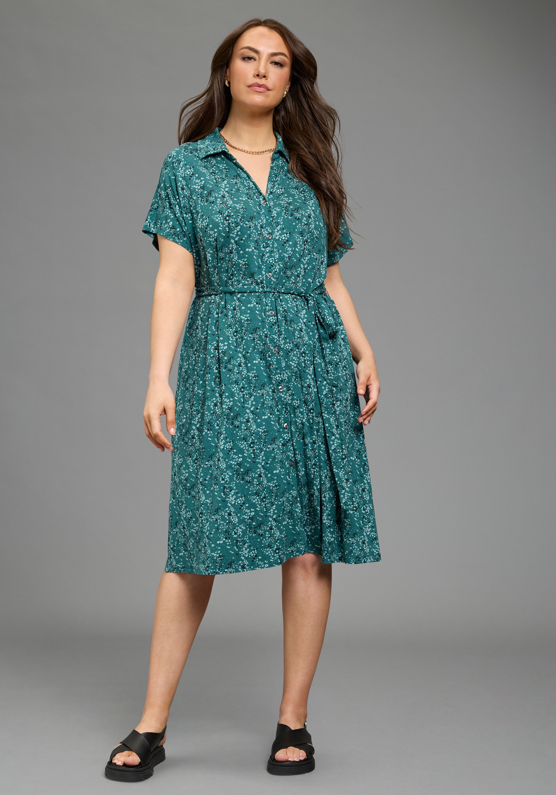 Laura Scott CURVE Jerseykleid in A-Linie mit Hemdkragen, geblümt