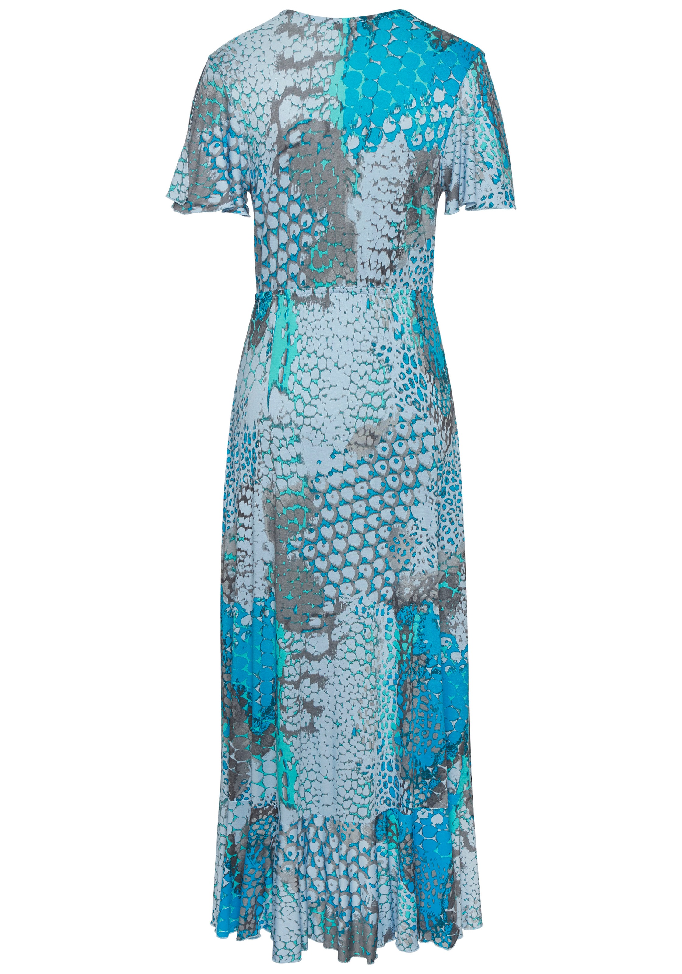 Maxikleid BUFFALO, Damen, Gr. 40, N-Gr, blau (blau bedruckt), Jersey, Obermaterial: 100% Viskose, bedruckt, figurbetont knöchellang, V-Ausschnitt, Kleider Maxikleid, im Vokuhila-Schnitt, Schlitz und Volant, Flügelärmel, Druckkleid 3
