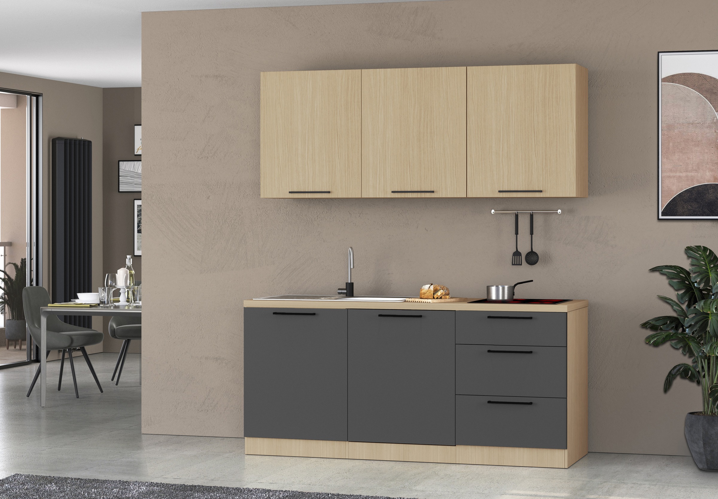 KOCHSTATION Küchenzeile "Luna, Küchenzeile mit Spüle + Siphon, ohne E-Geräte" Breite 182 cm,Türen mit Soft-Close Funktion, Metalgriffe,Made in Italy