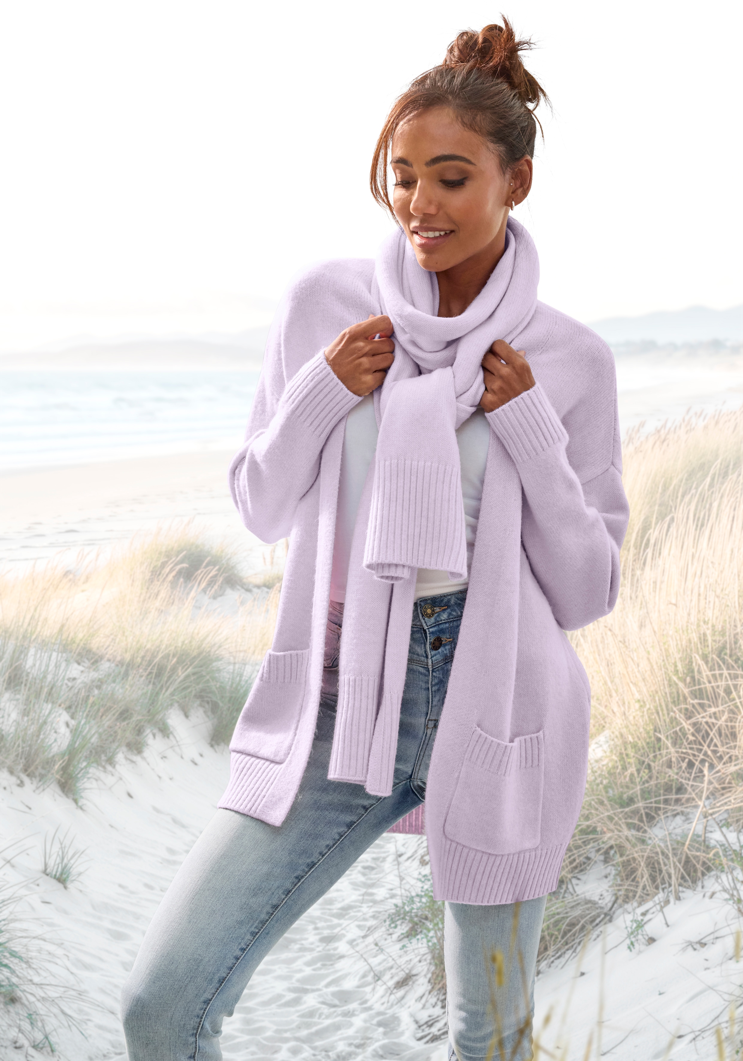 Vivance Strickjacke Set, mit Schal, aus kuscheliger Strickqualität, Cardigan