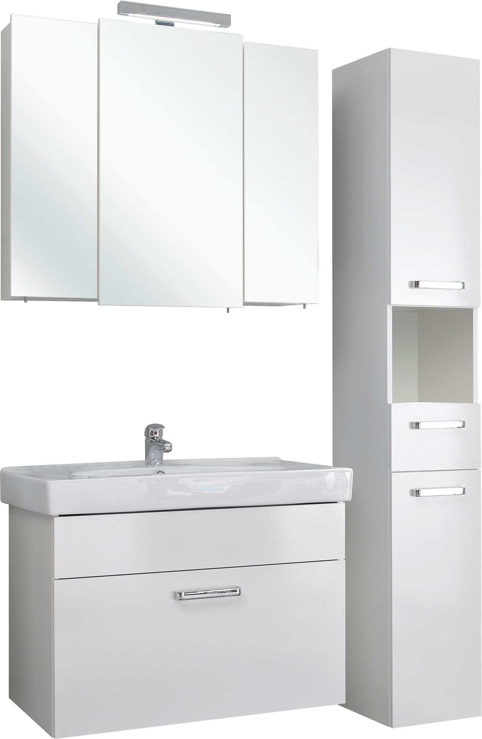 Saphir Badmöbel-Set »Quickset 3-teilig, Keramik-Waschtisch mit LED-Spiegelschrank, Bad-Set«, (4 St.), mit Hochschrank, 5 Türen, 2 Schubladen, Waschplatz inkl. Türdämpfer
