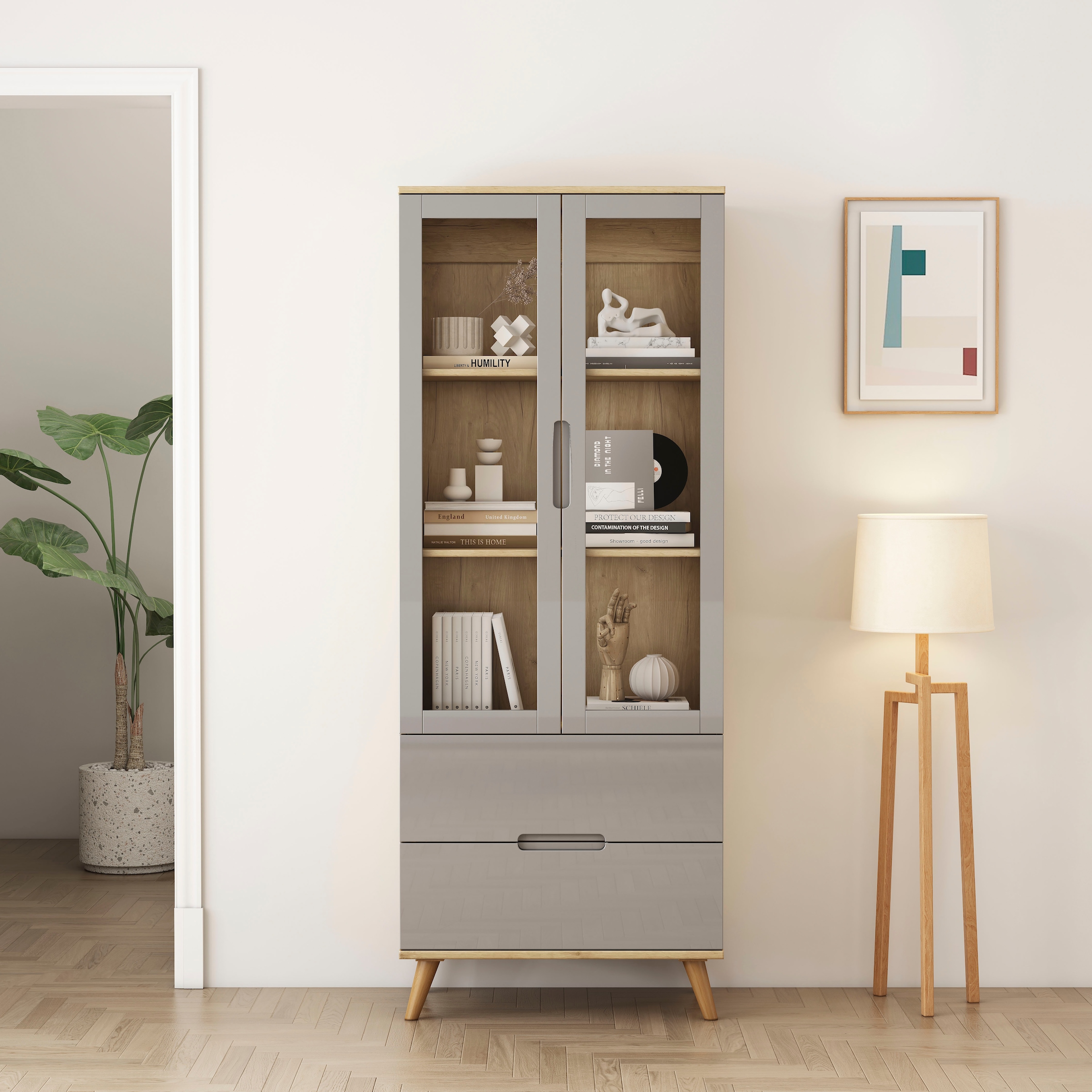 OTTO home Highboard »Lund« mit glänzenden Fronten, Glastüren, helles Holzdekor, Breite 70 cm
