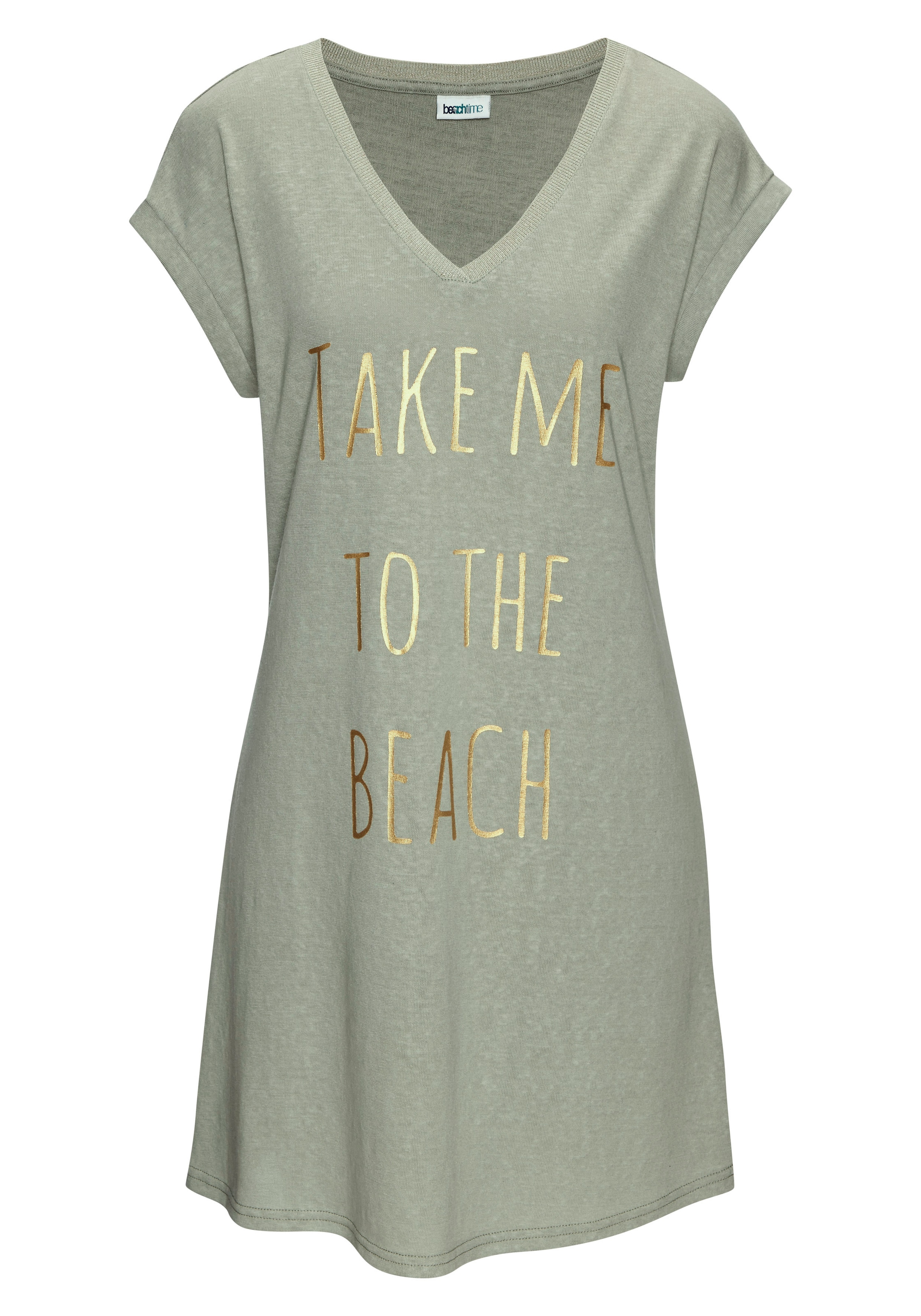 Beachtime by Lascana Longshirt »mit glänzendem Foliendruck vorne, kurzes T-Shirt-Kleid« lockeres Jerseykleid, luftiges Sommerkleid, kurzes Strandkleid
