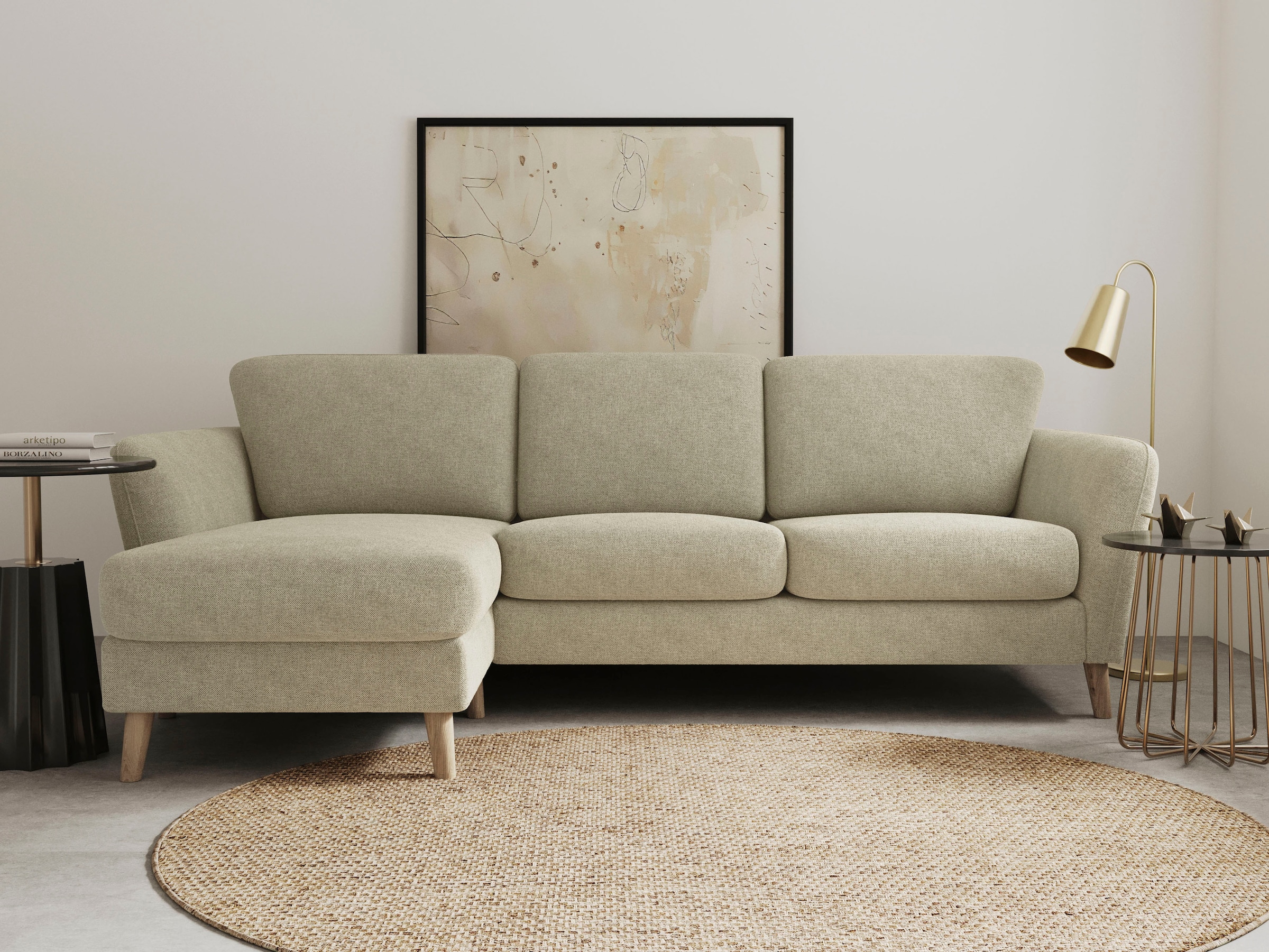 OTTO home Ecksofa "MARSEILLE (242/152cm),L-Form, Rec. rechts/links" Massivholzbeine Eiche, Landhausstil, Wellenunterfederung
