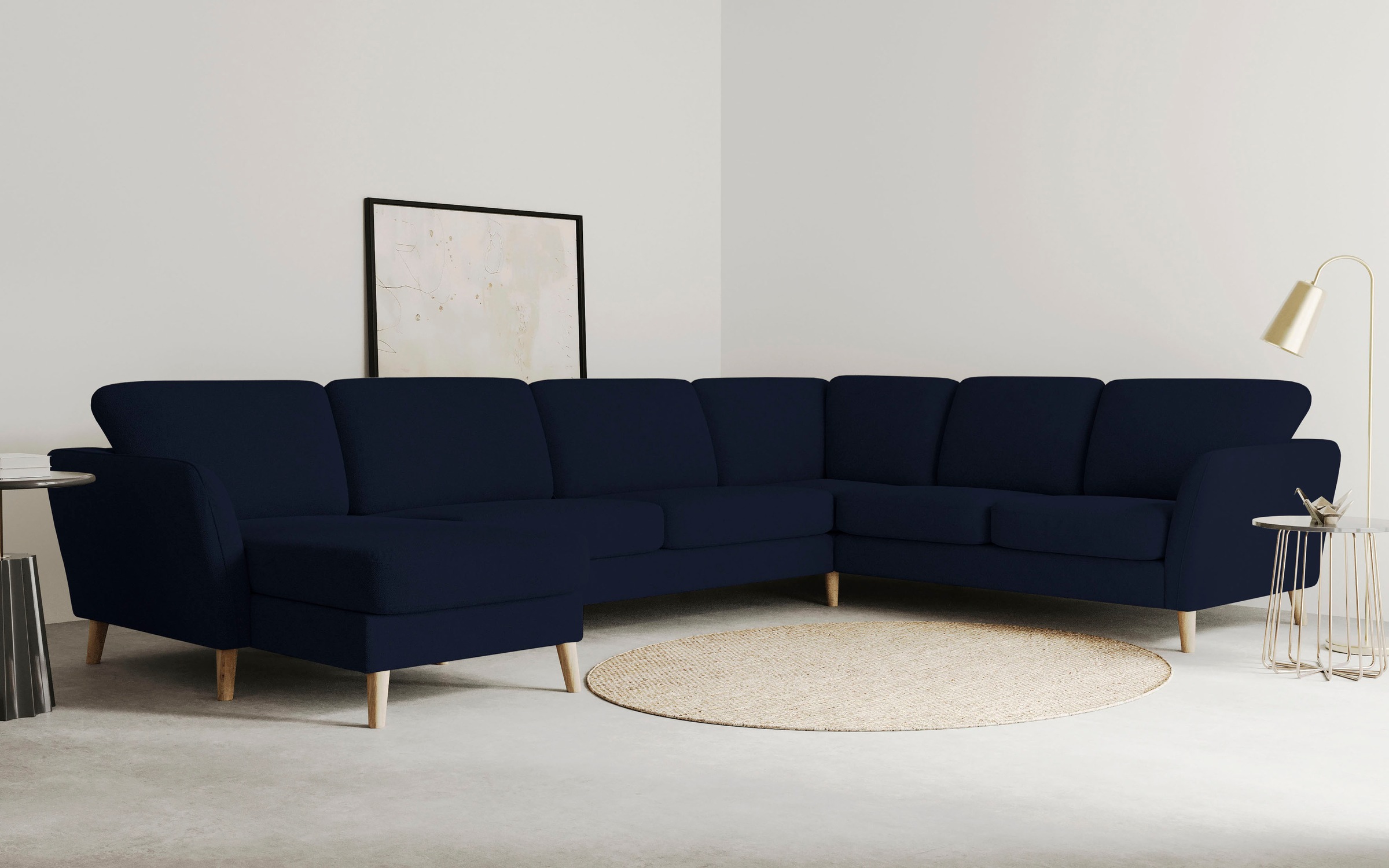 OTTO home Wohnlandschaft "MARSEILLE XXL 349cm, U-Form, Ottomane rechts/links wählbar" Massivholzbeine Eiche, Landhausstil, Wellenunterfederung