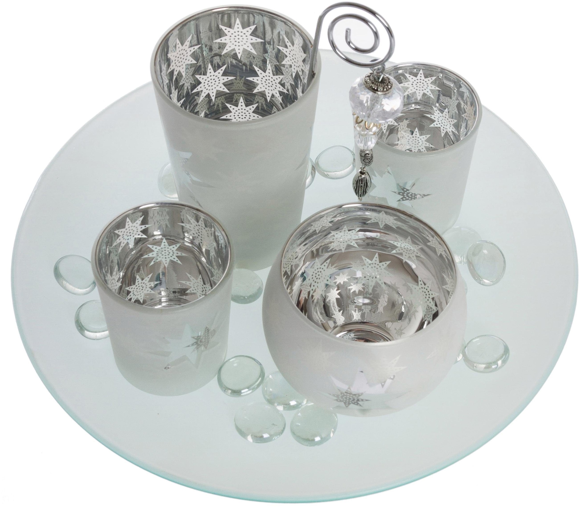 Myflair Möbel & Accessoires Teelichthalter »Solmas, Weihnachtsdeko«, (Set, 5 St., 1x Kerzenteller, 4x Teelichtgläser), Adventsleuchter aus Glas, für 4 Kerzen