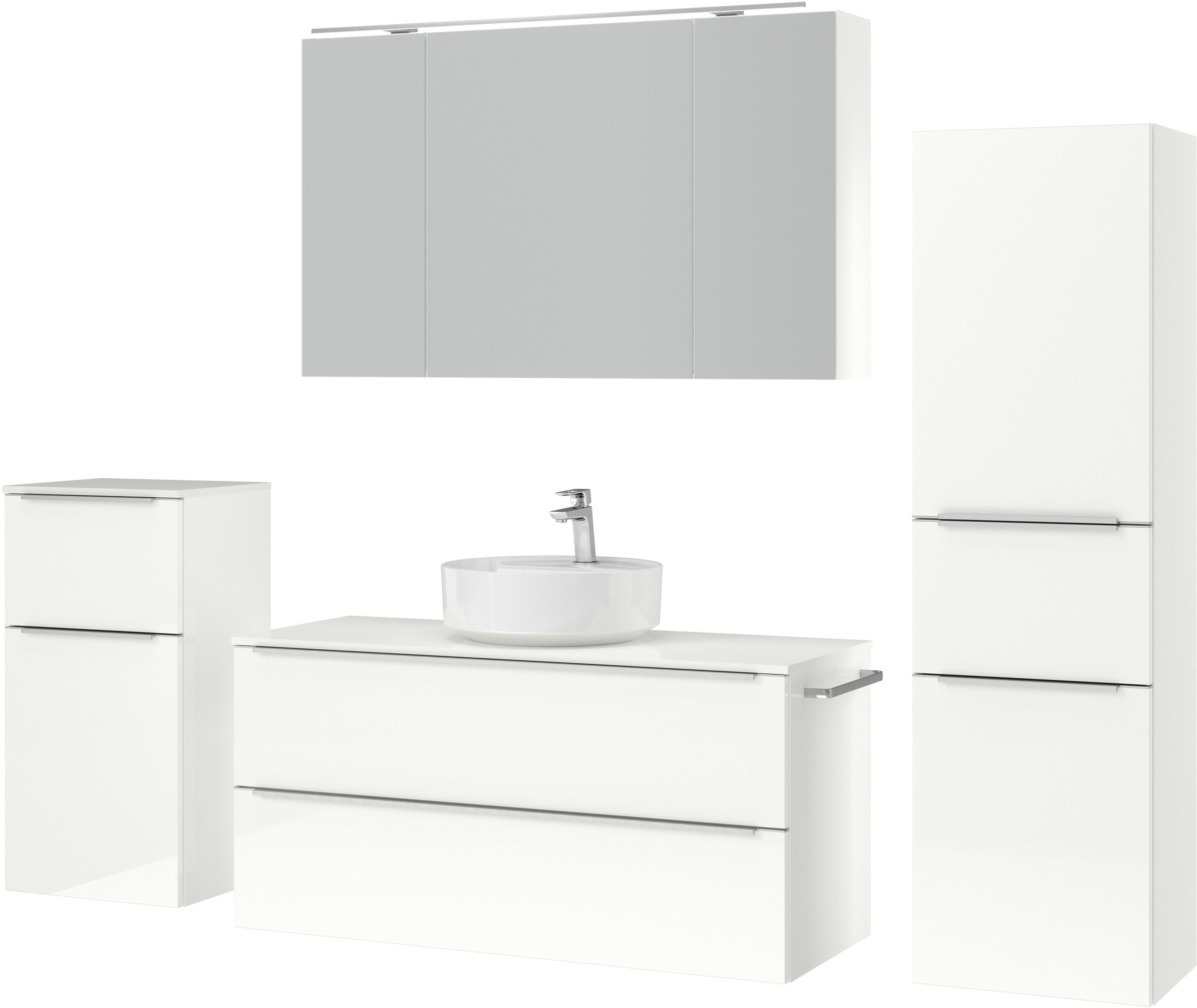 nobilia® Badmöbel-Set »Alvene«, (4 St., vormontiert, mit Soft-Close), inkl. Spiegelschrank mit Beleuchtung und Dimmerfunktion, in 4 Breiten