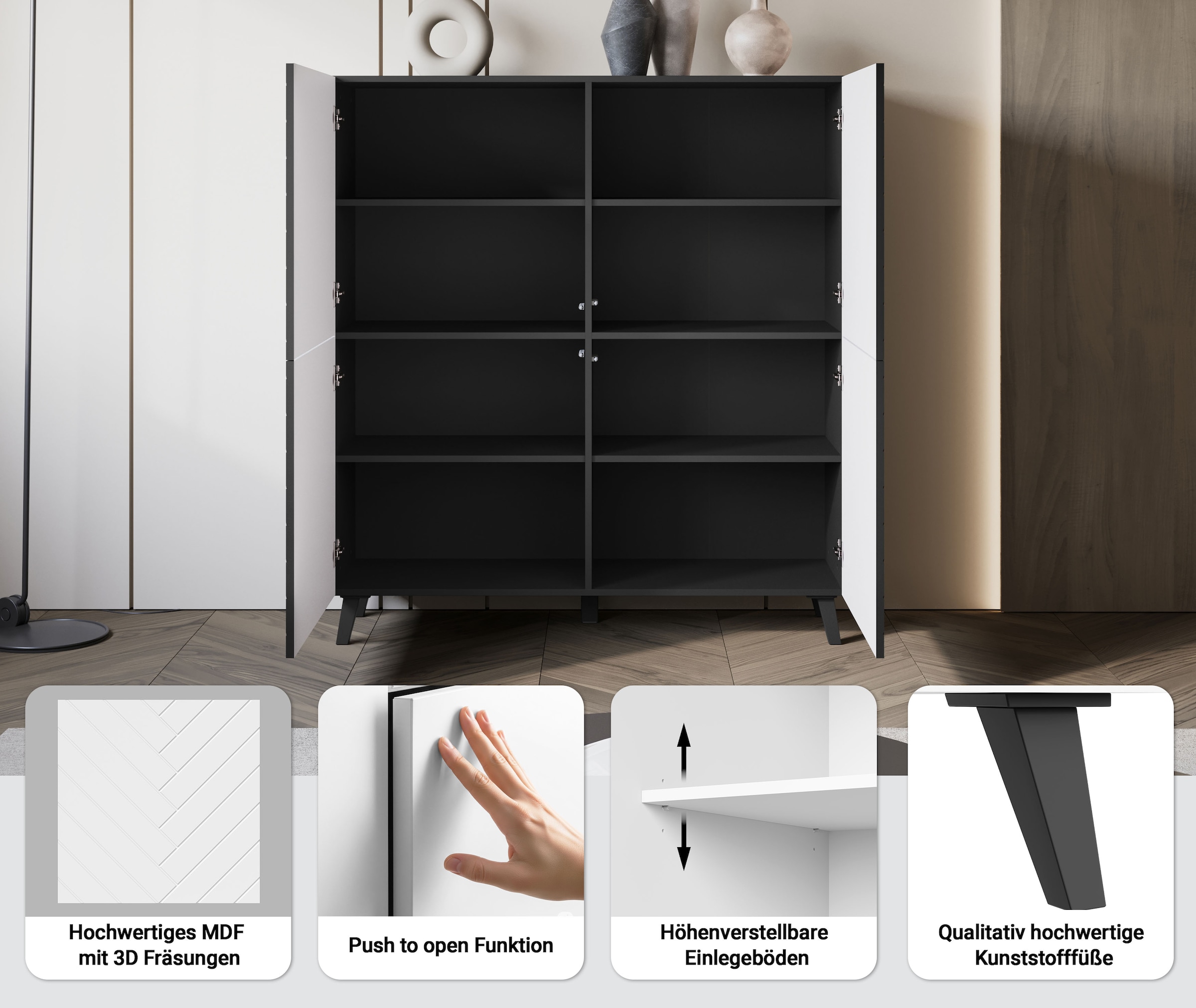 Home affaire Highboard »Phuket, Front MDF« moderne Kommode mit 4 Türen und 8 Fächern, Breite 120 cm