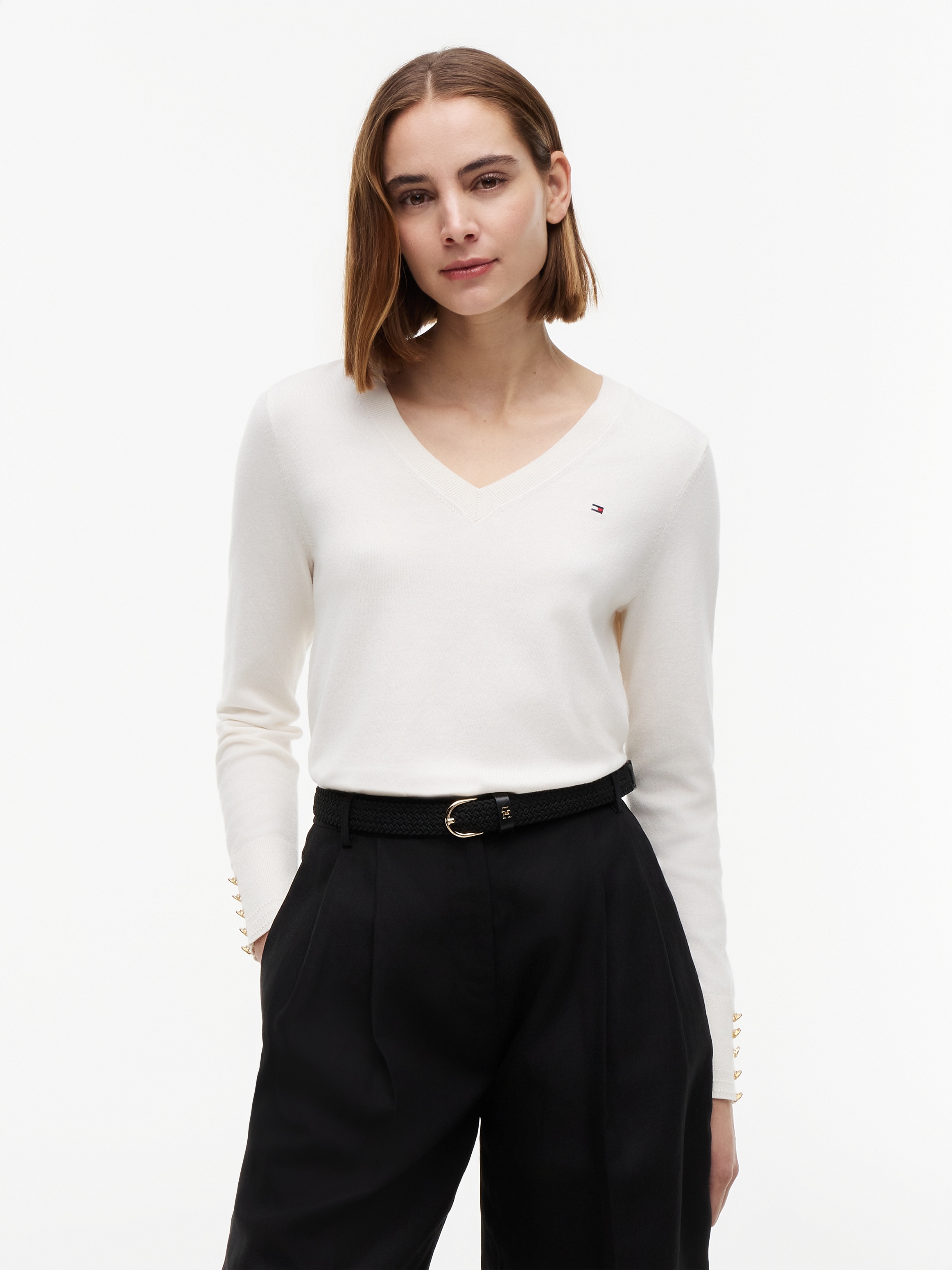 Tommy Hilfiger Strickpullover "STITCH V-NECK" mit Knopfdetail am Ärmel, Regular Fit