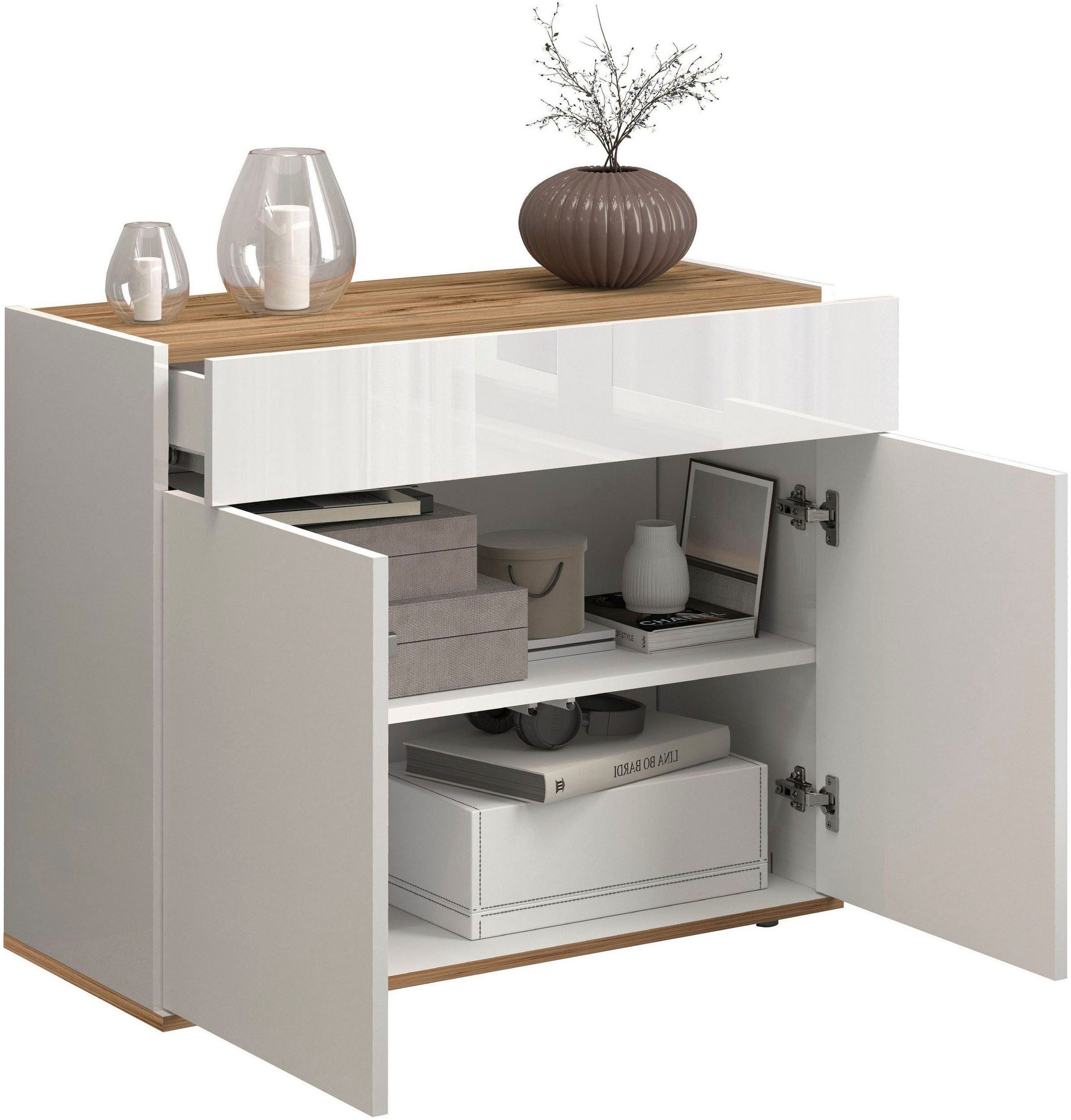 OTTO home Sideboard »Garda, Kommode, Schrank, 2 Türen, 1 Schublade, Made in Italy« Hochglanzlackierte Fronten, Korpus matt, grifflos, Breite 80,9 cm