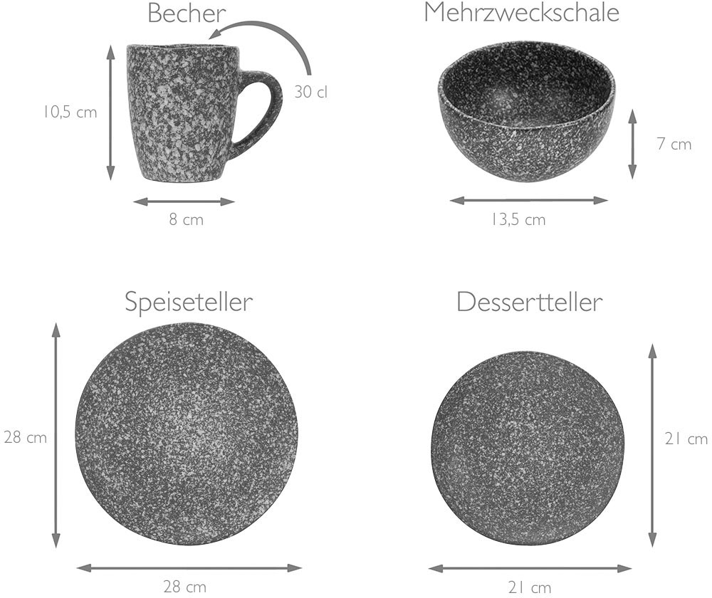 CreaTable Kombiservice »Geschirr-Set Granit«, (Set, 16 tlg., Kaffeeservice und Tafelservice im Set, für 4 Personen), Service, Unregelmäßige, organische Form, 16 Teile, für 4 Personen