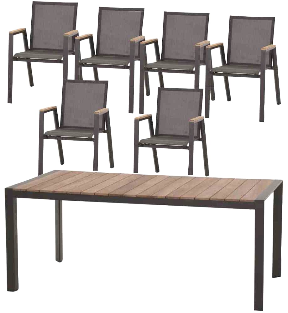 Siena Garden Garten-Essgruppe »Savona«, (7 tlg., 1x Tisch 180x90 cm, 6x Sessel), Aluminium, Teak FSC 100%, geeignet für 6 Personen