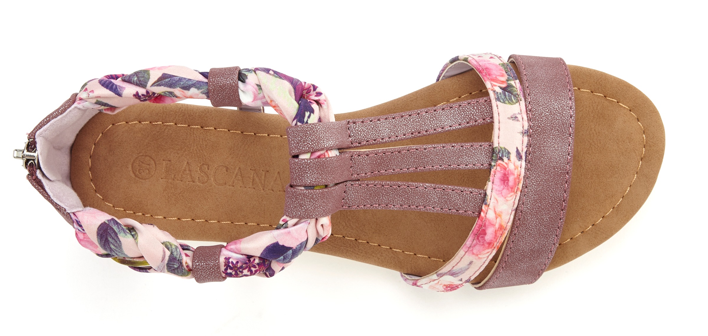 Sandale LASCANA "Sommerschuh, Sandalette, offener Schuh", Damen, Gr. 40, lila, Obermaterial: 50% Lederimitat, 50% Textilmaterial. Decksohle: 100% Lederimitat. Futter: 100% Lederimitat. Laufsohle: 100% Synthetik, bedruckt, Basic, Schuhe Sandale, mit aufwen 2